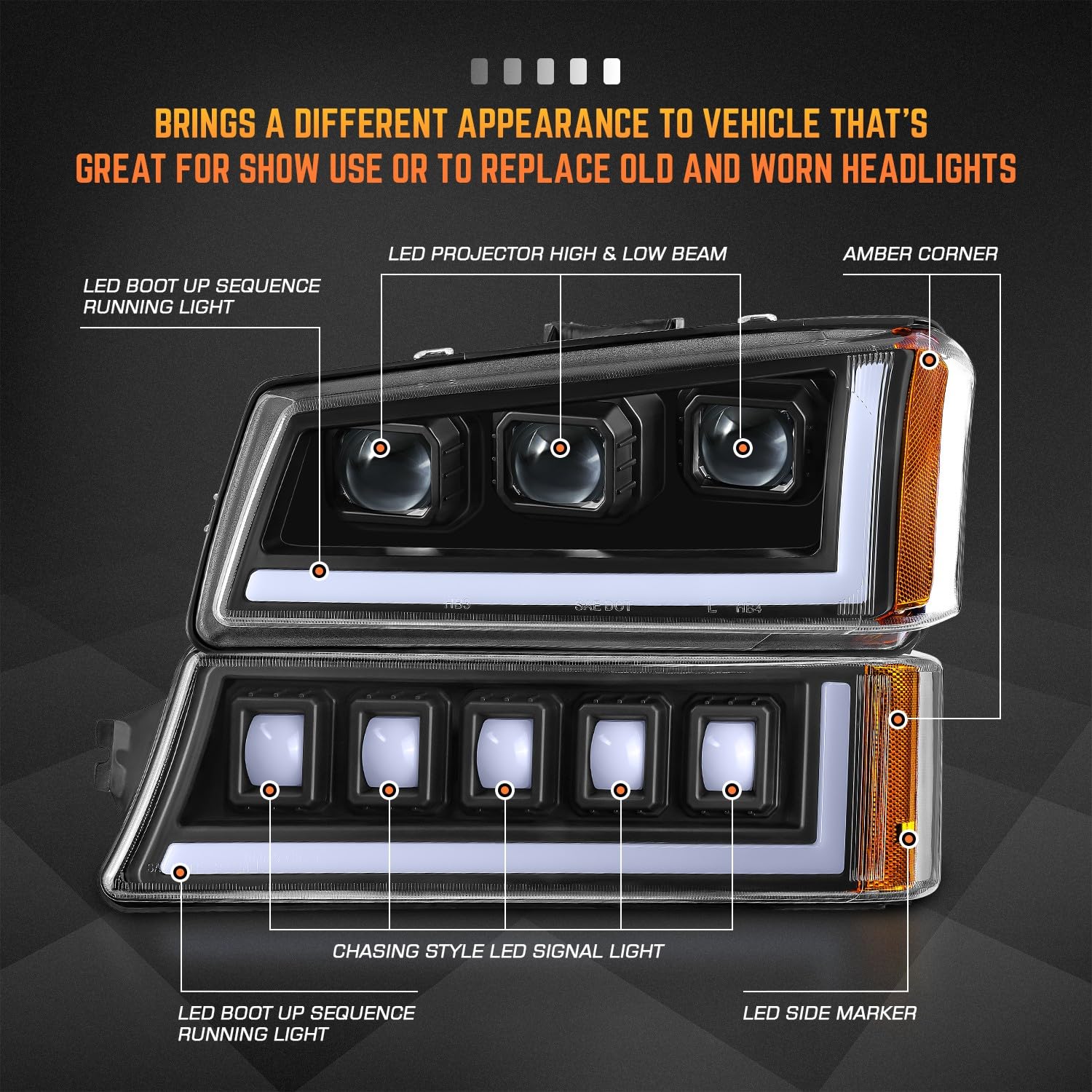 Dna Motoring Pair Full Led Projector Sequential Headlights Compatible With 03-06 Chevy Silverado 1500 2500 3500 1500Hd 2500Hd, S