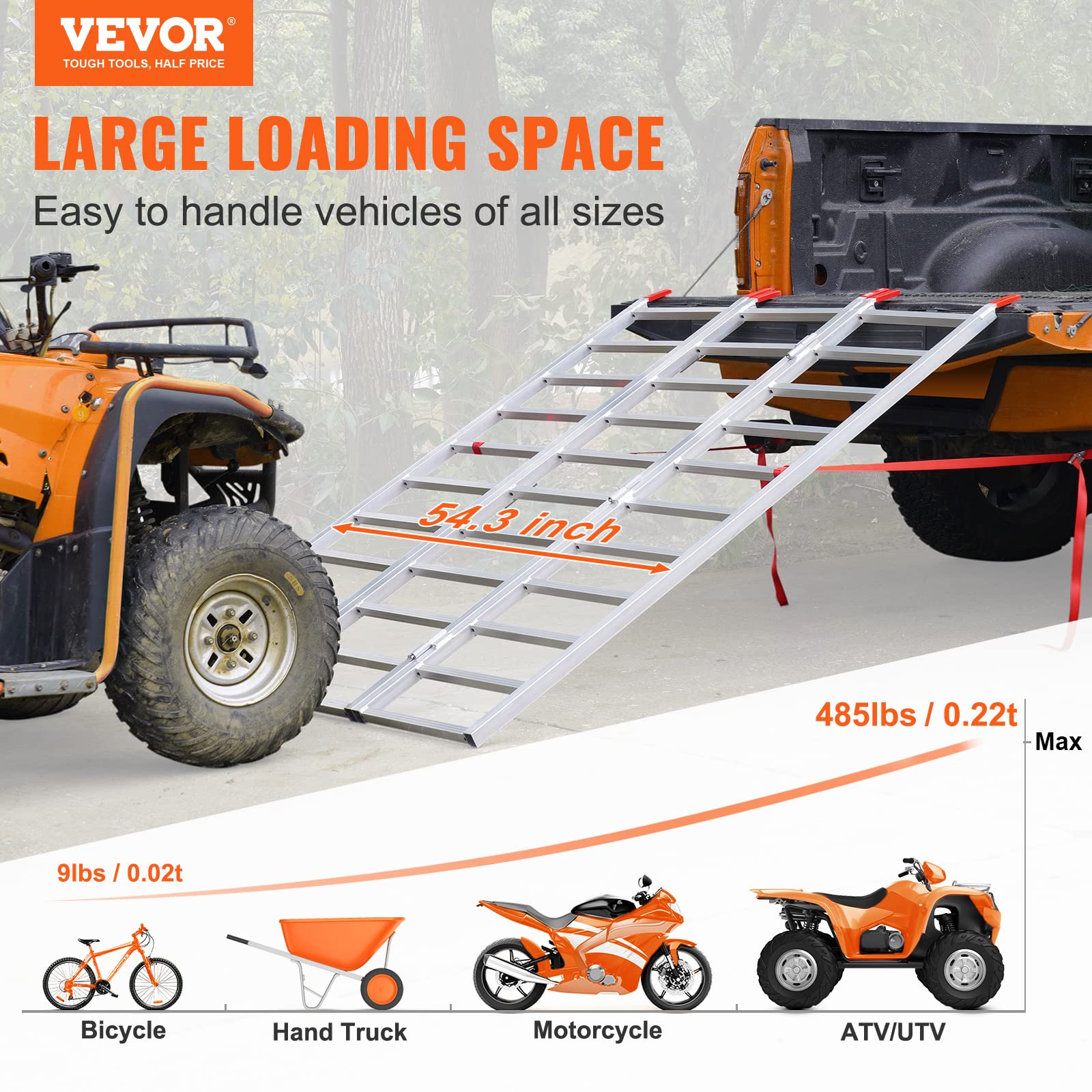 VEVOR Aluminum Ramps, 1500 lbs, Folding Loading Ramp with Load Straps, Tri-Fold Ramp for Motorcycles,UTVs, ATVs, Trucks, Lawnmow