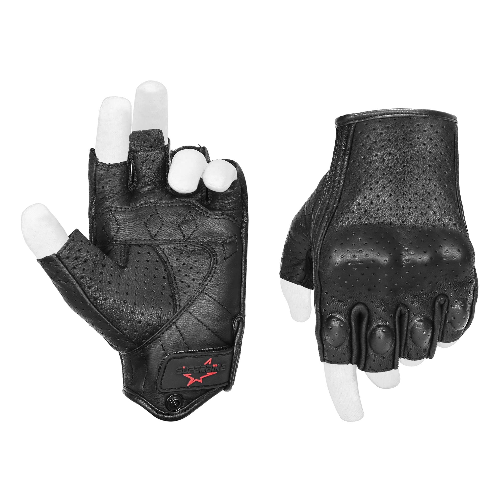Mens Summer Motorcycle Gloves Fingerless Leather Motorcycle Cycling Gloves With Knuckle Armored(G11-Black,L)