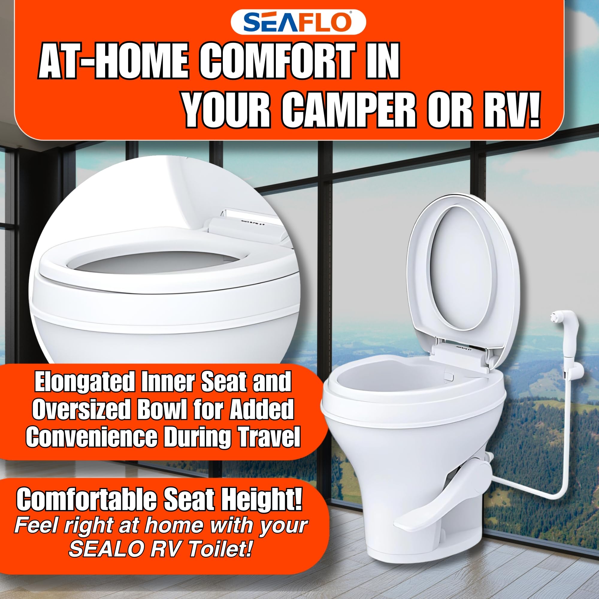 Seaflo Rv Toilet - Standard Height, Gravity Flush, Foot Pedal, Soft Close Lid With Sprayer Attachment