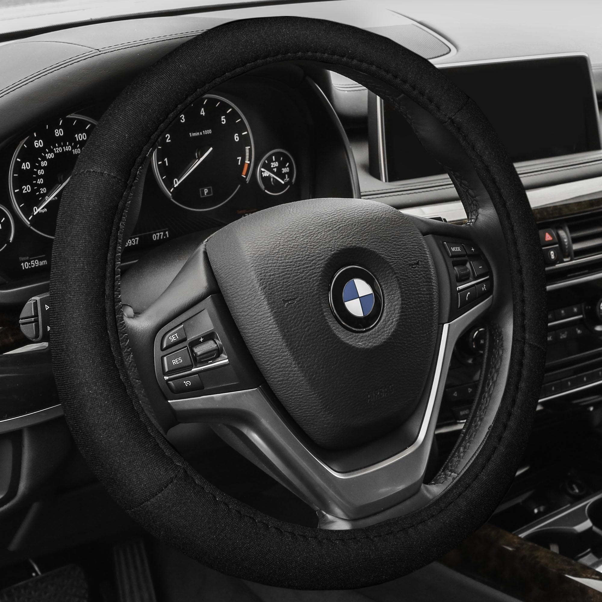 Fh Group Universal Fit Modernistic And Seat Belt Pads Combo Set Steering Wheel Cover Fits Most Cars, Suvs Black