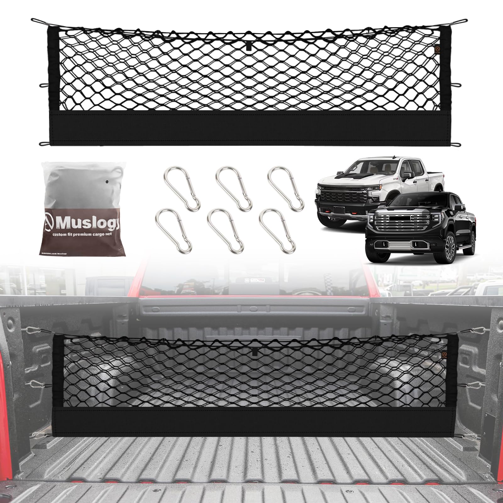 Muslogy Truck Bed Cargo Net Compatible with Chevy Silverado & GMC Sierra 2019-2025 Accessories Storage Organizer Pickup Truck Be