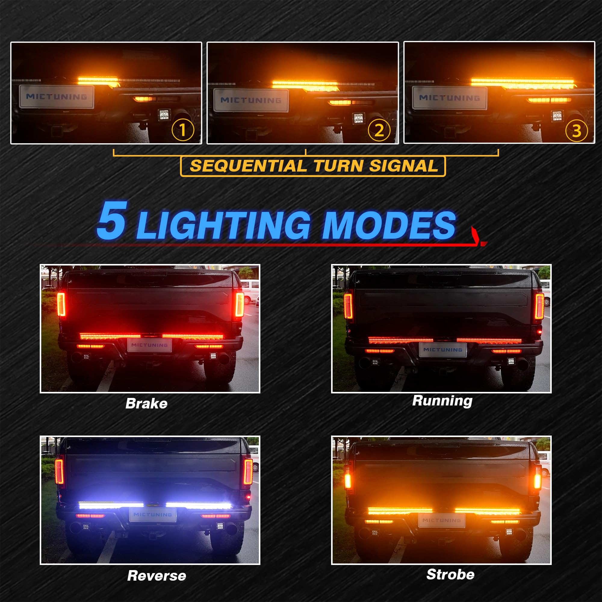 Mictuning Triple Tailgate Light Bar Waterproof Plug-And-Play Aluminum Frame With 4-Way Flat Connector - Amber Sequential Turn Si