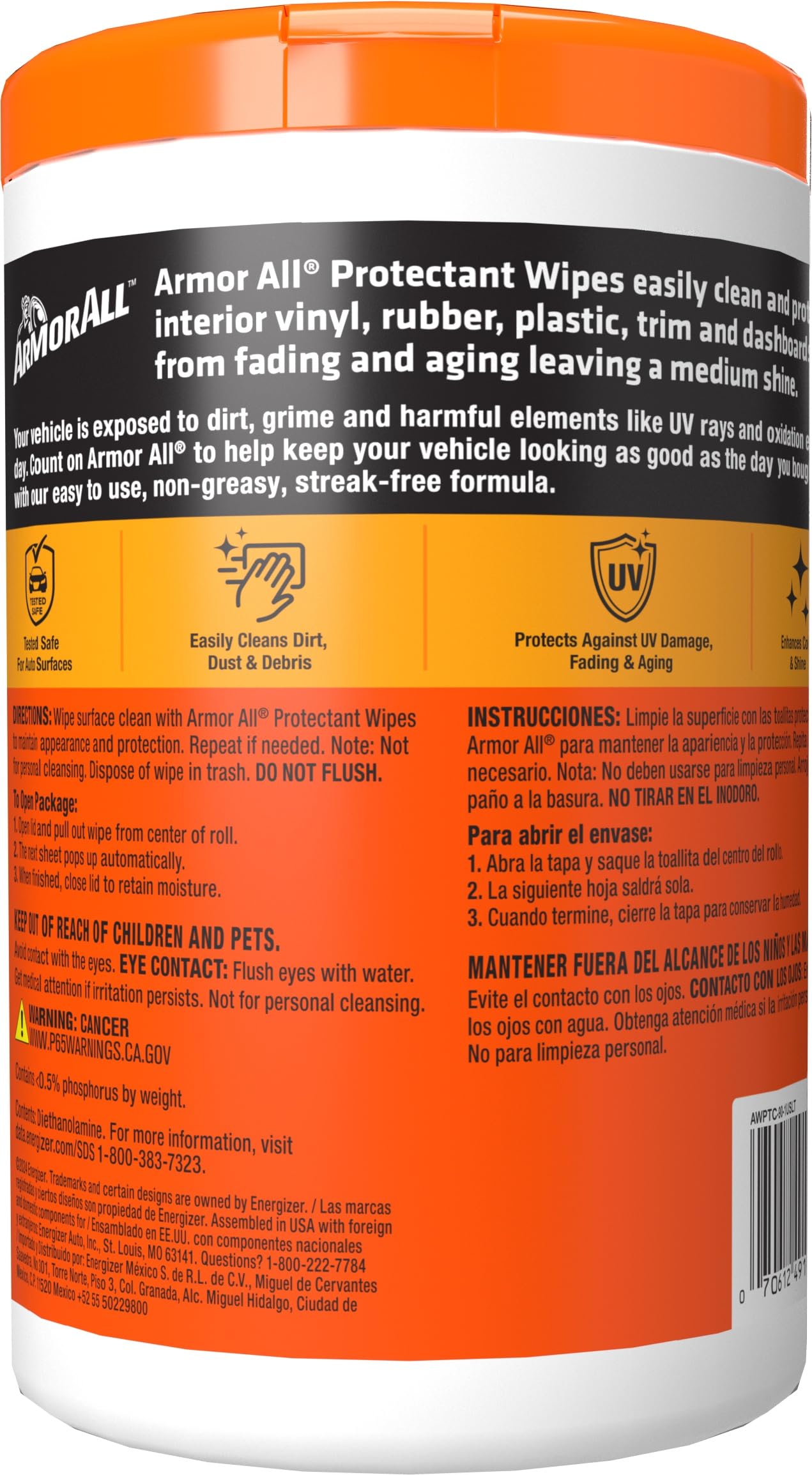 Armor All Car Interior Protectant Wipes, 90 Count Canister, UV Protectant for Vinyl, Rubber, Plastic, Trim and Dashboards