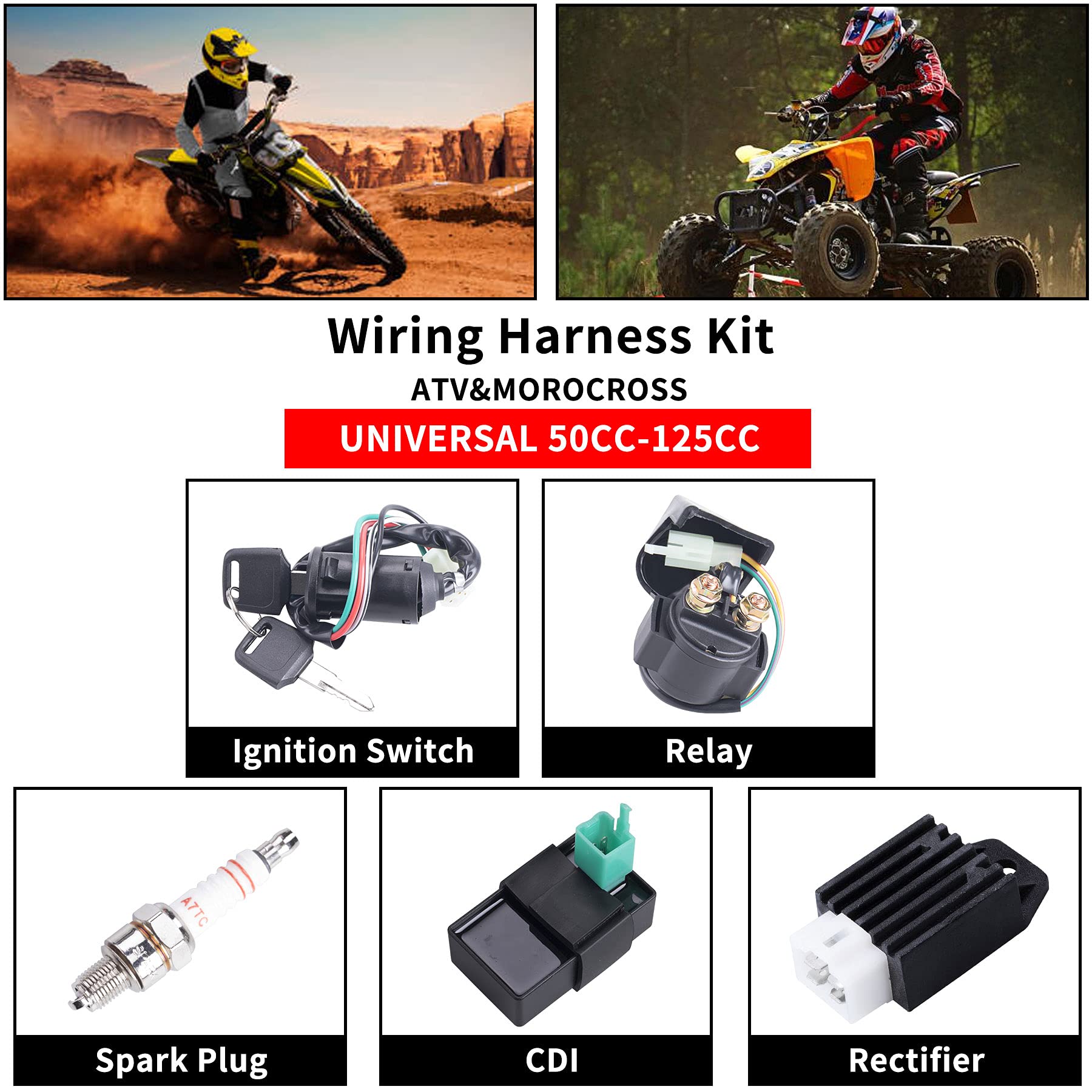 Complete Electrics Wiring Harness Relay Stator Coil CDI Solenoid Spark Plug for 4 Wheelers Stroke ATV (50cc 70cc 110cc 125cc) Pi