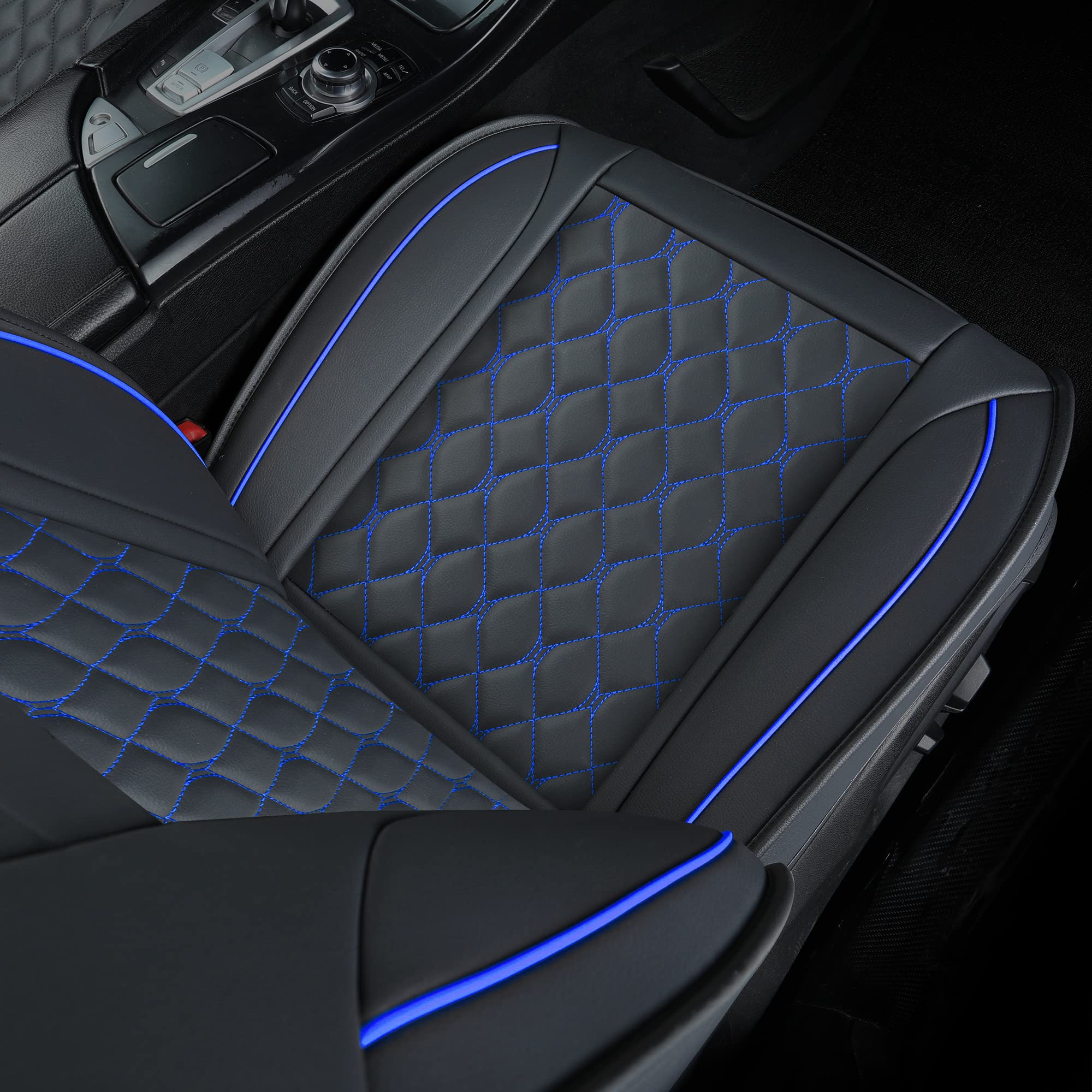 Leather Car Seat Covers Full Set,Universal Fit For Most Cars,Suv,Sedans And Pick-Up Trucks,Automotive Vehicle Faux Leather Cushion Covers For 5 Passenger Cars(Full Set,Black/Blue)