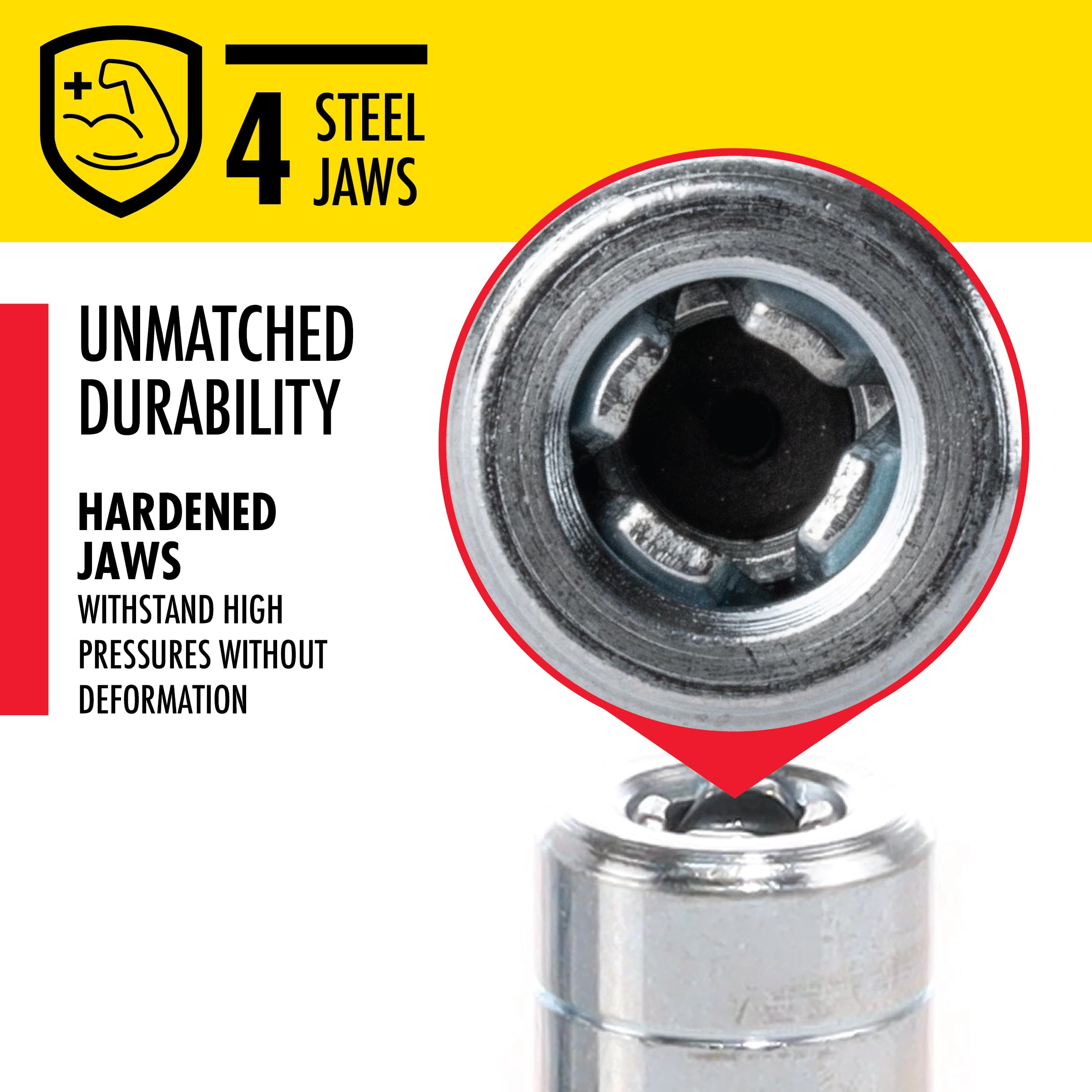 Lumax Lx-1400 Silver 1/8'' Npt Standard Grease Coupler For Grease Guns. Has Four Hardened Steel Jaws For Durability. Has Four Ha