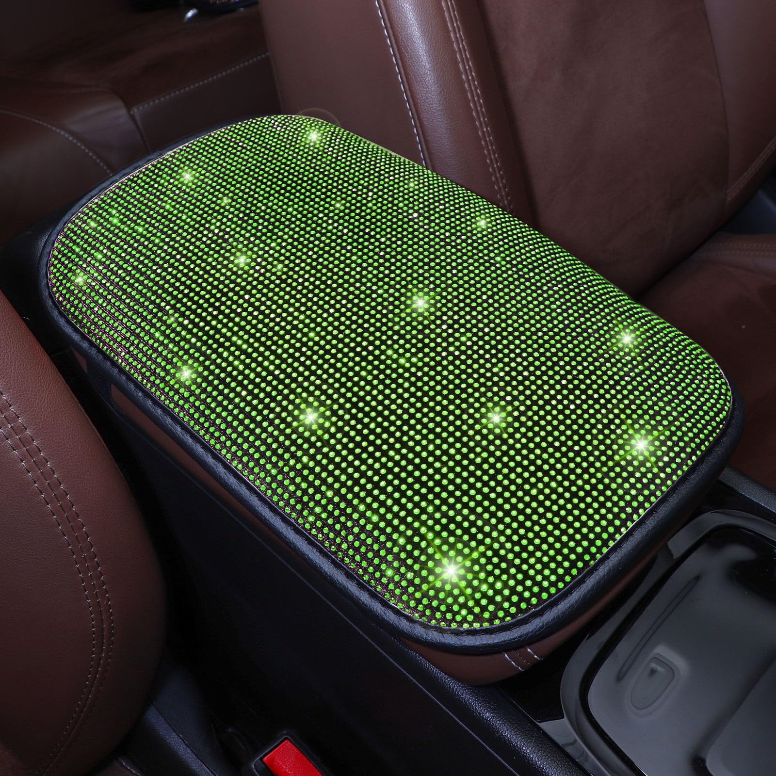 Tobequeen Green Arm Rest Cover For Car, Rhinestone Crystal Diamond Bling Arm Rest Cushion, Universal Fit All Vehicles, Interior