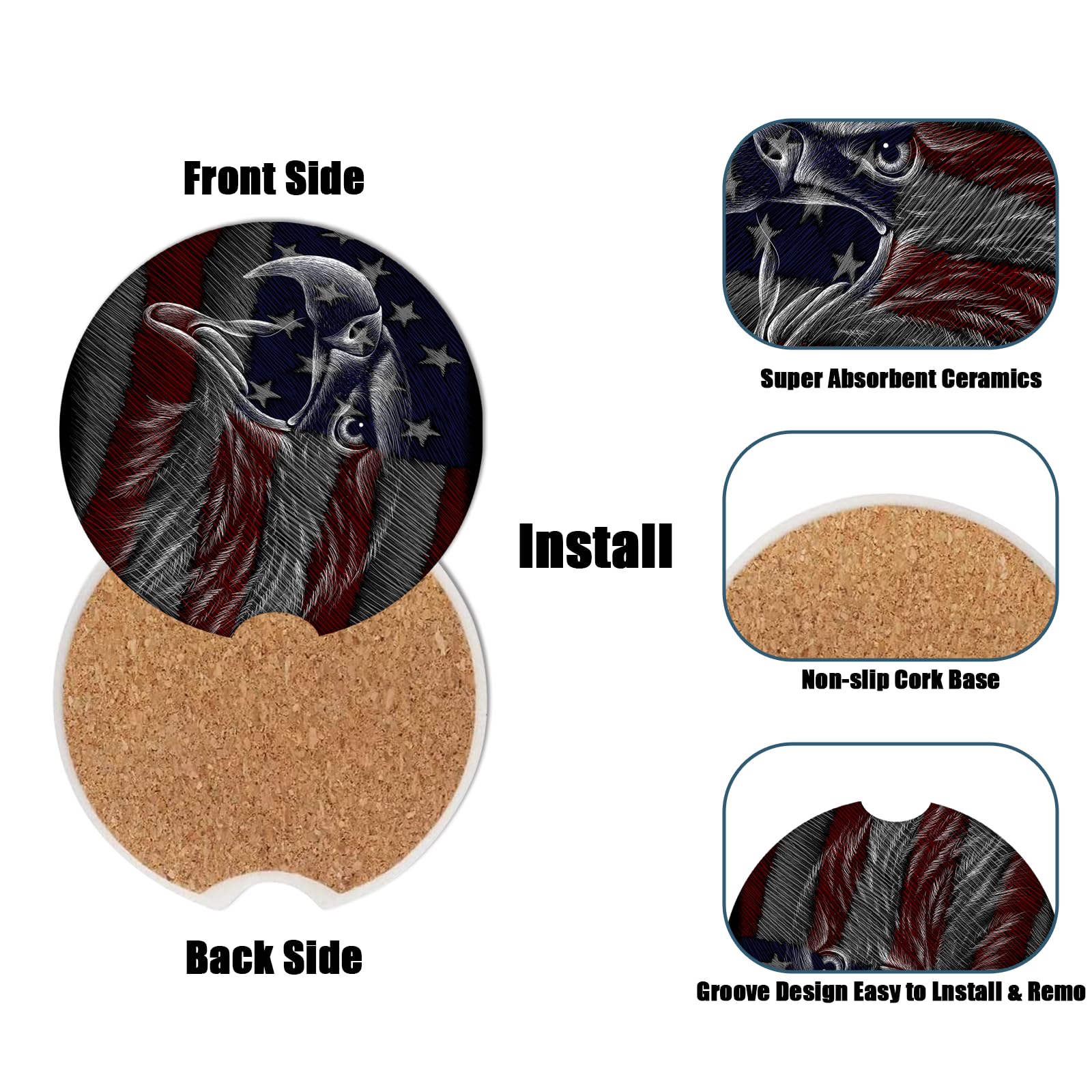 Car Cup Holder Coaster - American Flag Eagle Absorbent Ceramic Coaster, Car Coasters for Cup Holders, Auto Accessories for Women