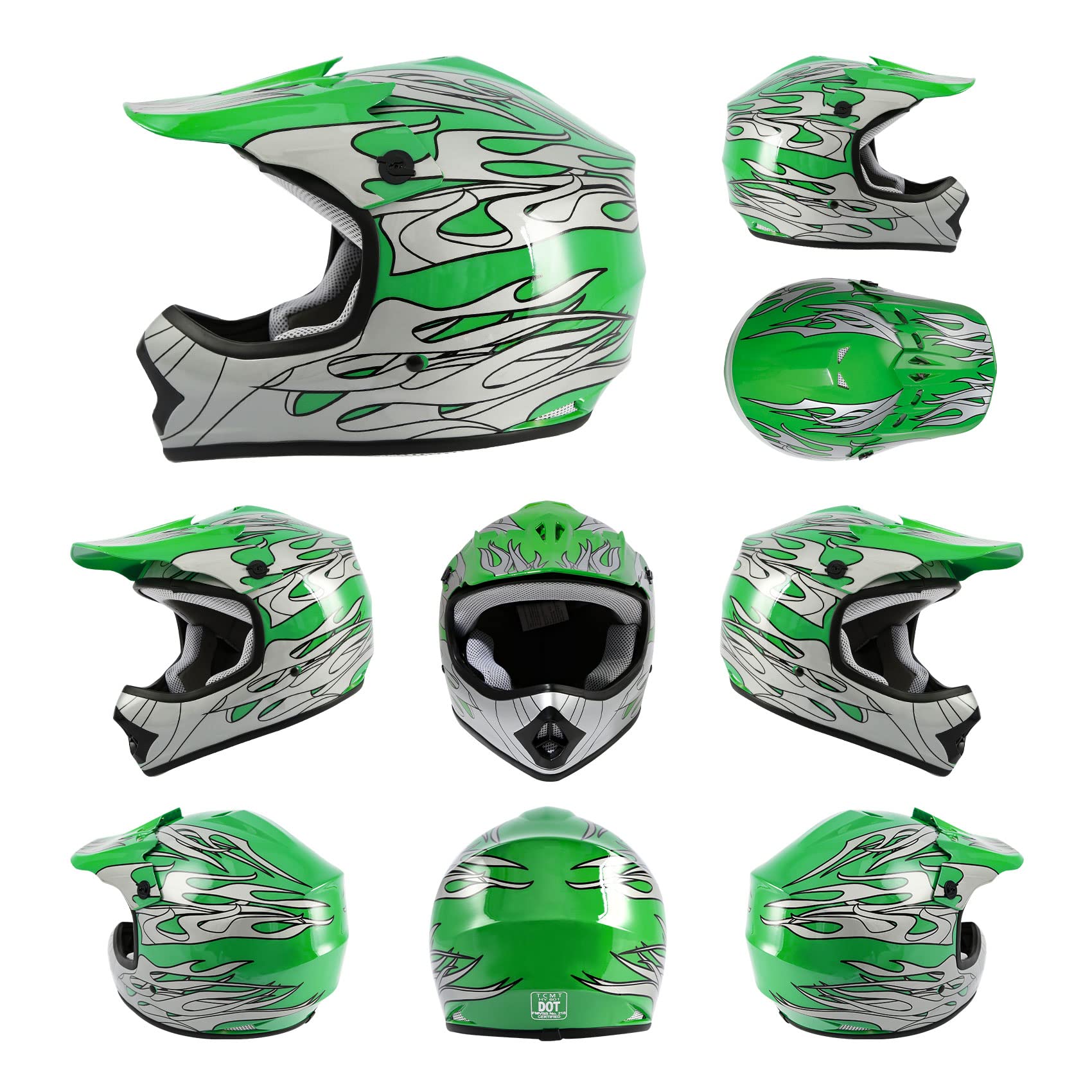 Tcmt Dot Youth & Kids Motocross Offroad Street Helmet Green Flame Motorcycle Youth Helmet Dirt Bike Motocross Atv Helmet+Goggles