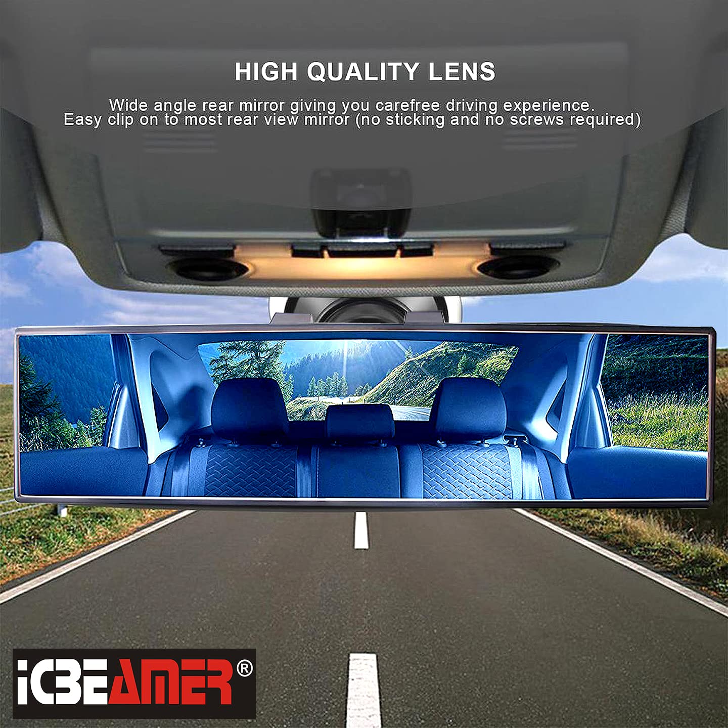 Icbeamer 15.8'' 400Mm Easy Clip On Wide Angle Panoramic Blind Spot Fit Auto Interior Rearview Mirror Convex Anti-Glare Blue Surf