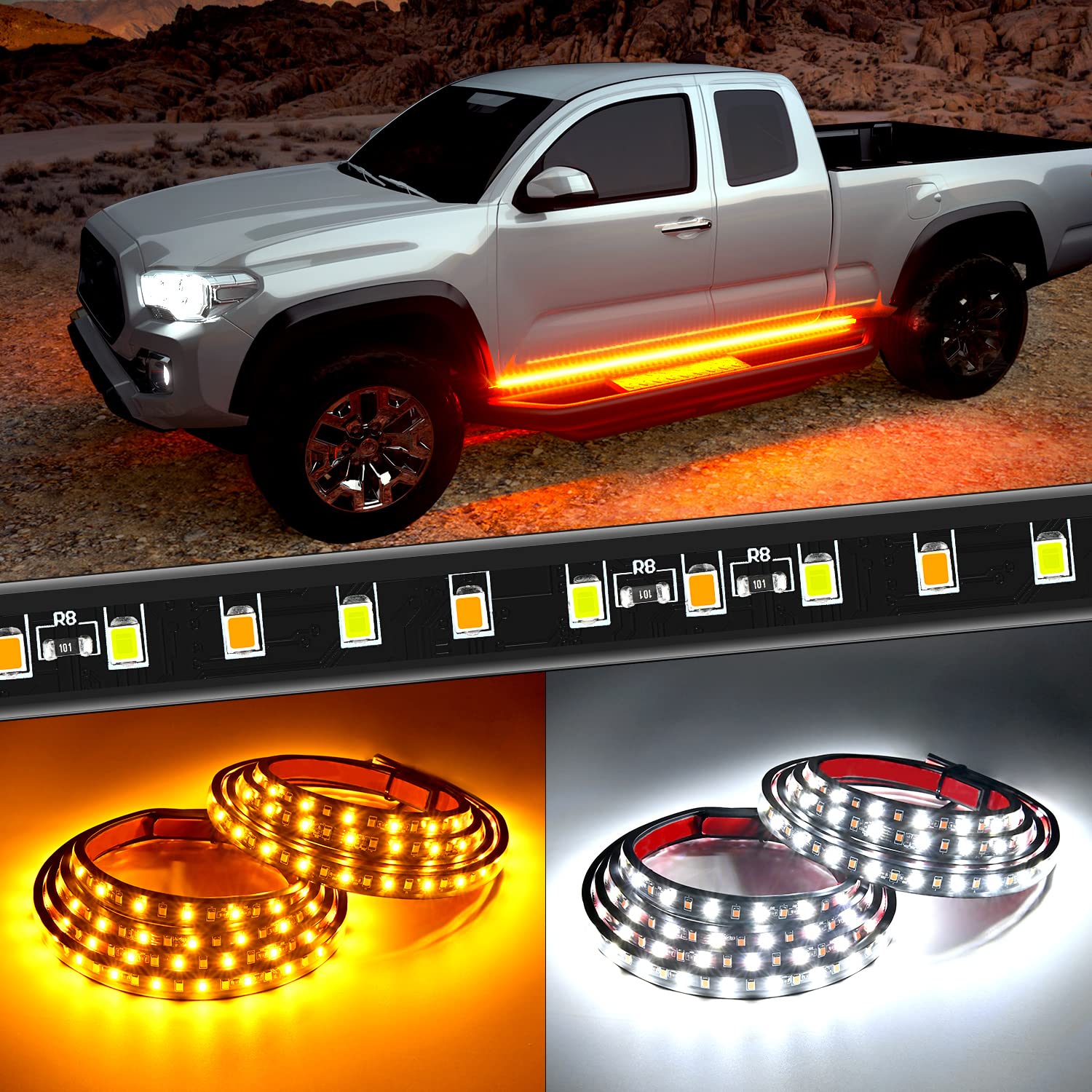 Nilight Truck Running Board Lights 2Pcs 60 Inch Led Side Maker White Courtesy Light & Sequential Amber Turn Signal Lighting Stri