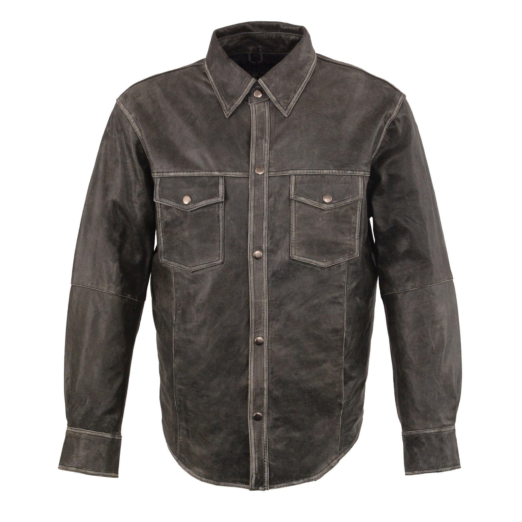 Milwaukee Leather MLM1605 Men's 'Button Down' Distressed Grey Lightweight Casual Biker Leather Shirt - Large