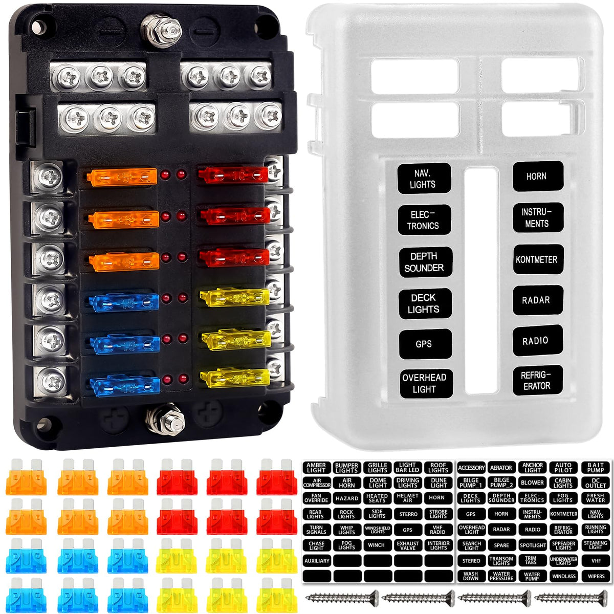Fuse Block, 12v Fuse Box Holder with Led Indicator Waterproof Cover, Cyrico 12 Circuits Fuse Panel with Negative Bus for 12V/24V