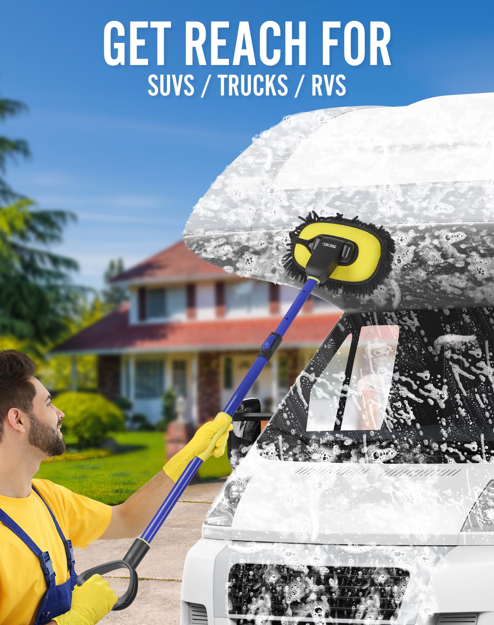 Seg Direct Car Wash Brush Mop Kit Extendable With Long Handle, Detachable Pole, D Shaped Grip, Chenille Scratch-Free Replacement