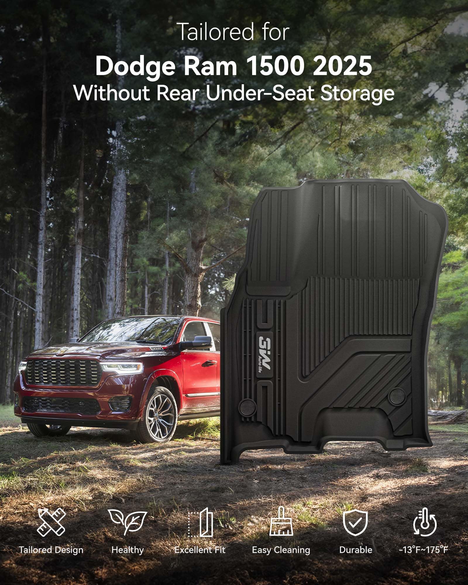 3W Floor Mats Fit For 2025 Dodge Ram 1500 (W/O Rear Under-Seat Factory Storage Bucket Seat), Tpe All Weather Custom Fit Floor Li