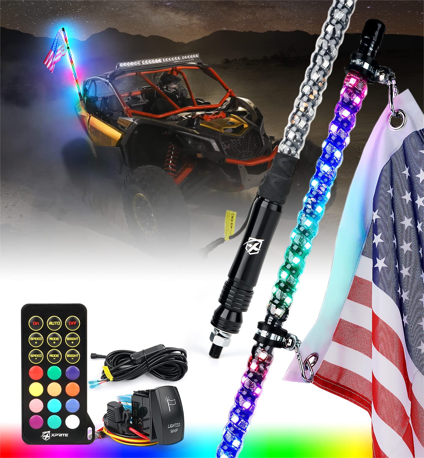 Xprite 3FT Spiral RGB LED Whip Lights, 360 Dream-Color Dancing Chase Whip Lights w/Remote Control and Flag for Side by Side Jeep