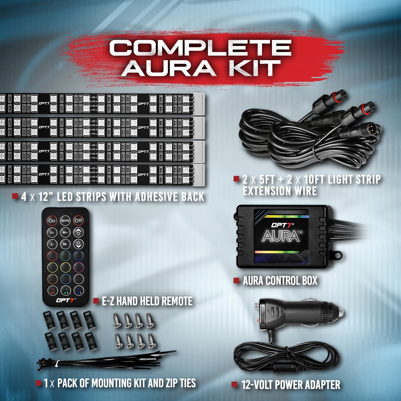 OPT7 Aura LED Strip Kit - 4pc Double Row, Smart Color, Soundsync, RGB, Door Assist, AURA-INTERIOR Model