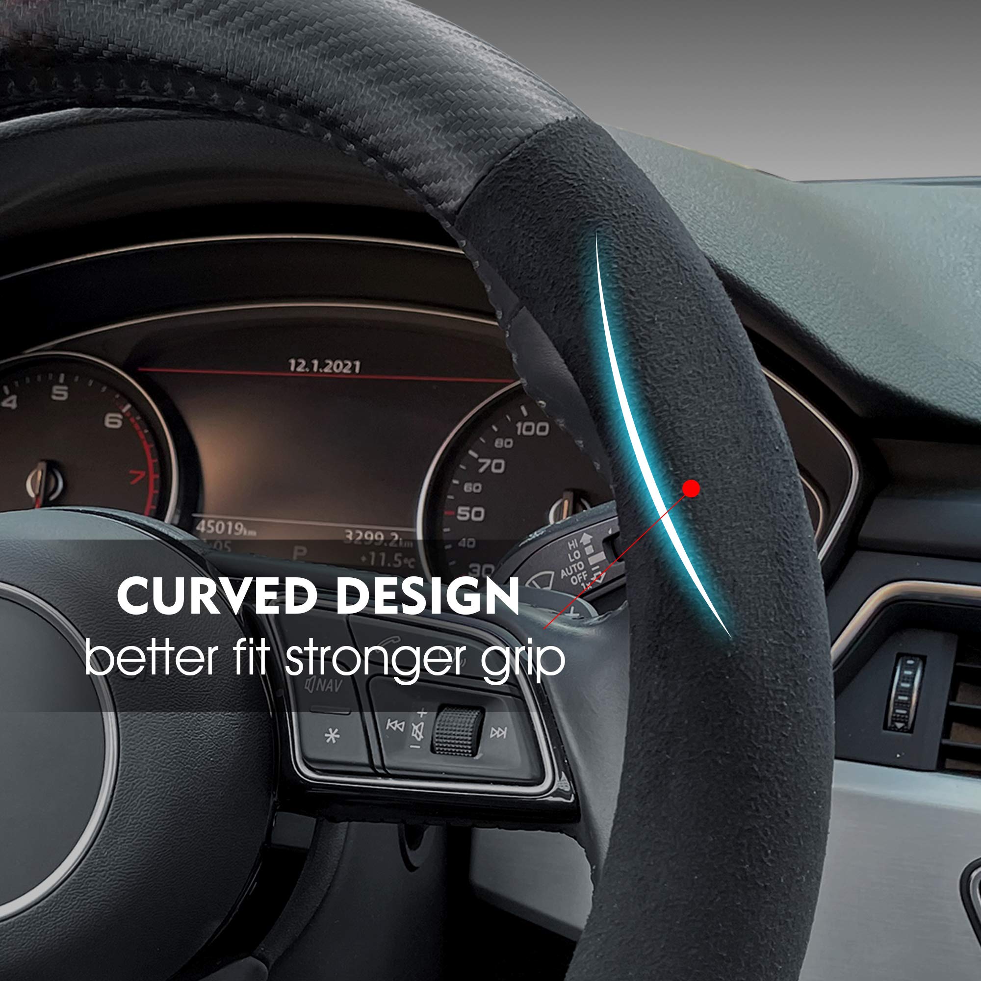 Carodi Suede Carbon Fiber Steering Wheel Cover - Non-Slip Leather, Fits Most Cars (15-Inch, Black, D-Shape)