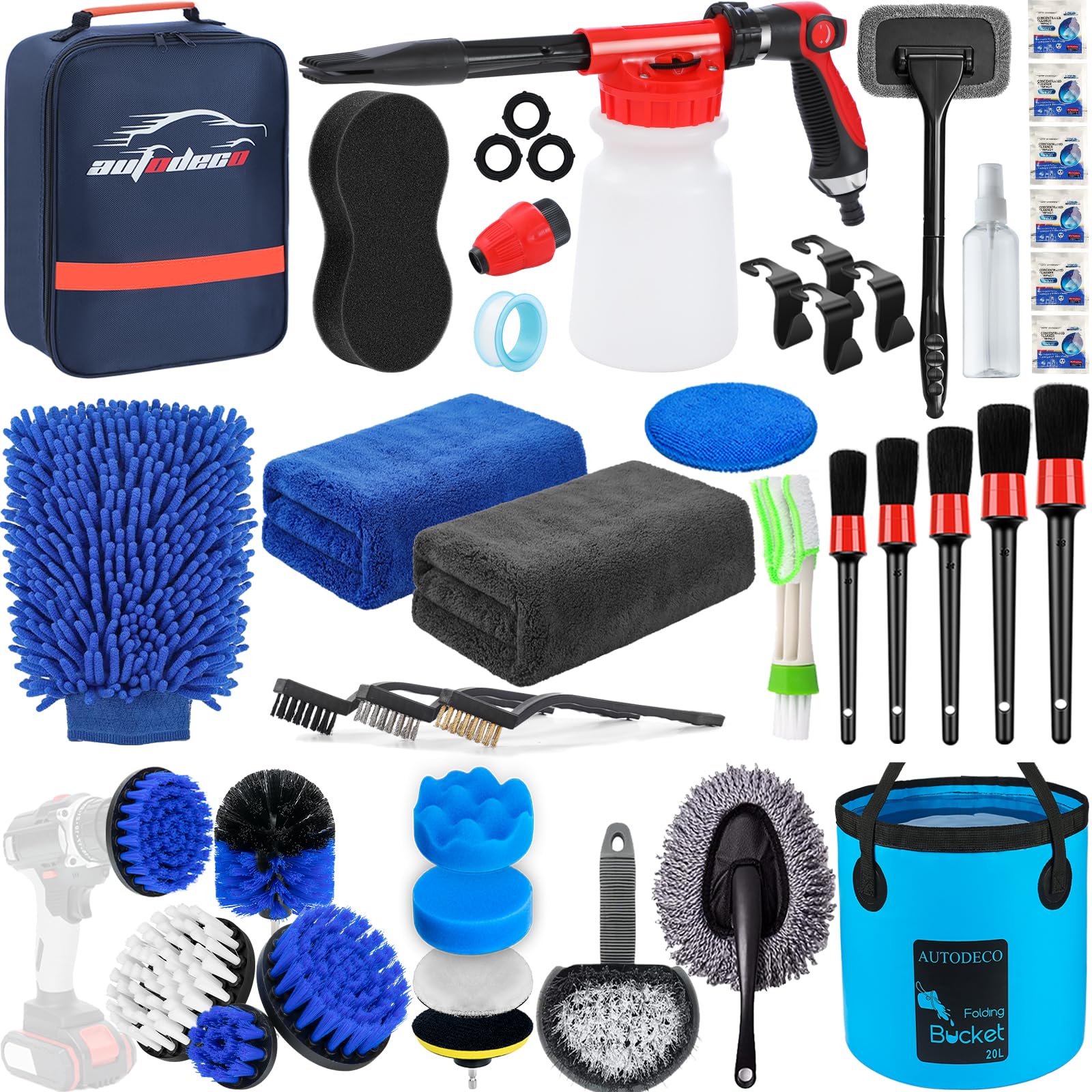 Autodeco 38Pcs Car Wash Detailing Kit Cleaning Kits With Foam Gun Sprayer Collapsible Bucket Drill Brush Large Wash Mitt Towels 