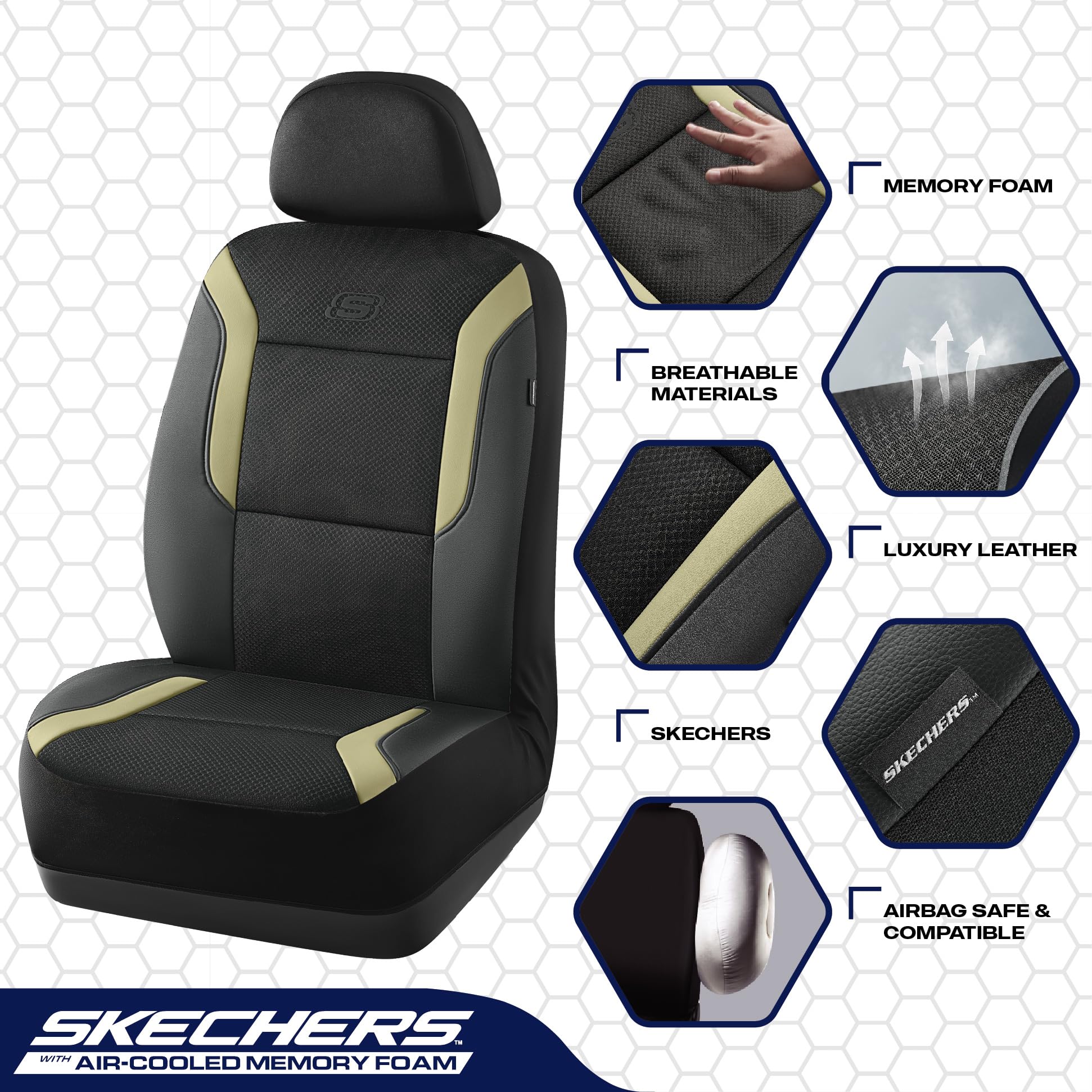 Skechers Memory Foam Car Seat Covers, Air Cool Mesh Thick Seat Covers,Two Front Car Seat Protector Airbag Compatible, Automotive