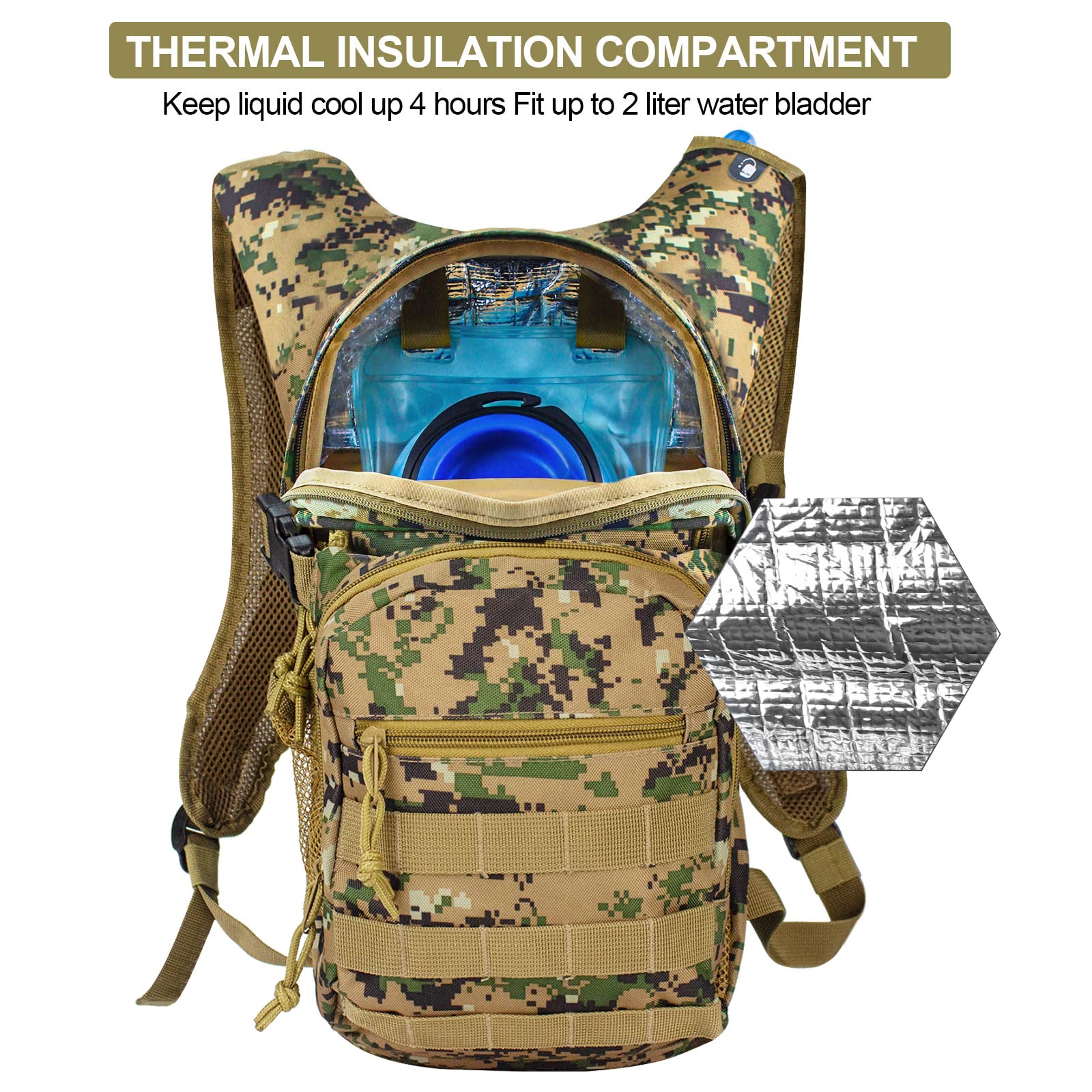 Zavothy Tactical Hydration Backpack With 2L Water Bladder For Outdoor Activities Like Hiking, Cycling, Running, Climbing, Hunting, And Biking - Camo Design
