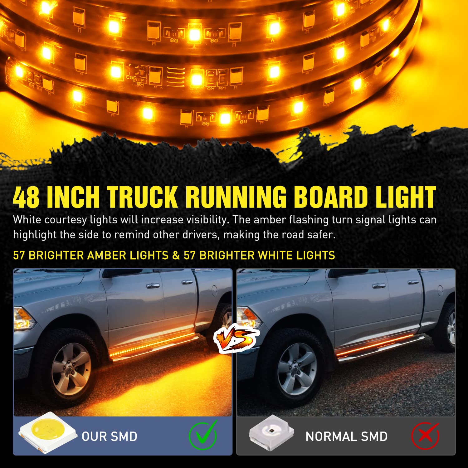 Nilight Truck Led Running Board Lights 2 Pcs 48Nch Side Maker Light With White Courtesy & Sequential Amber Turn Signal Lighting