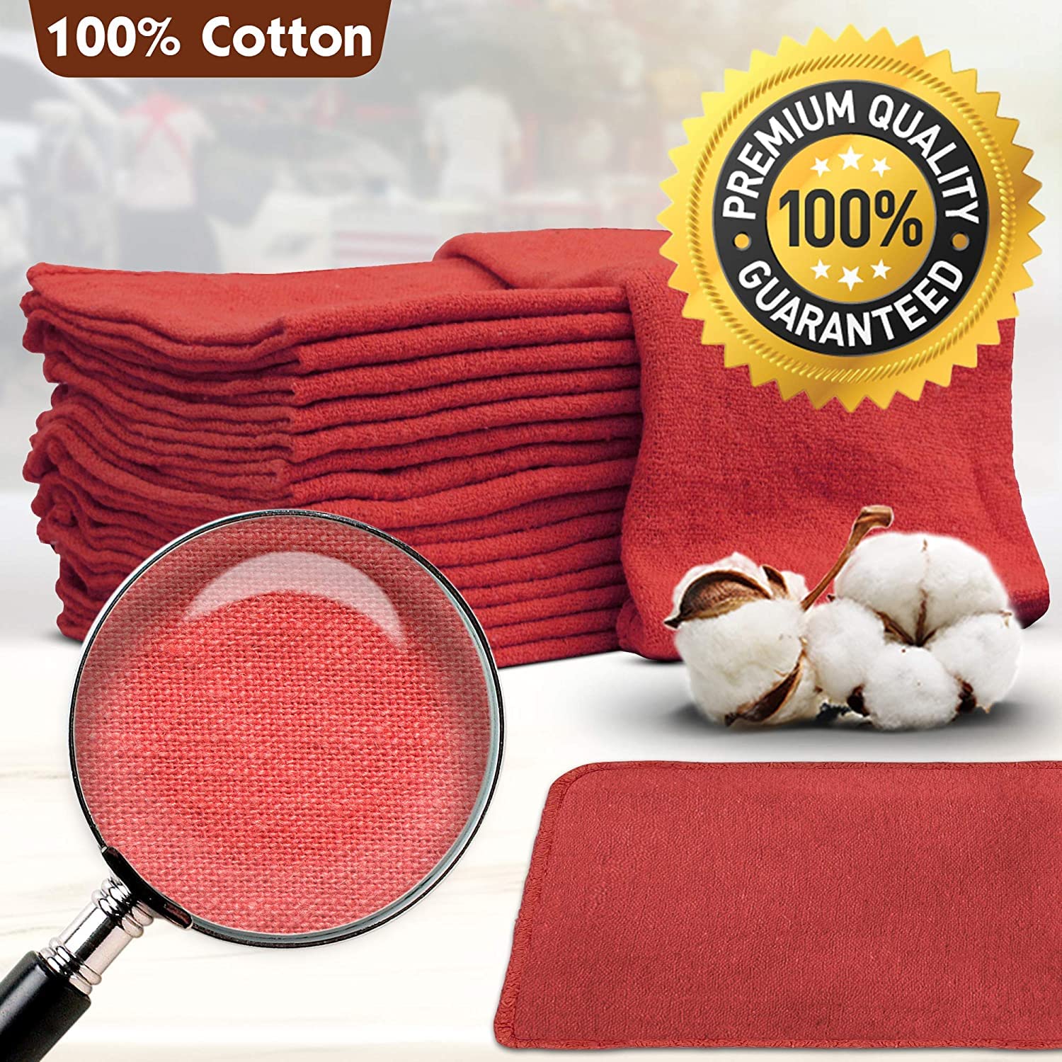 Nabob Wipers Auto Mechanic Shop Towels 500 Pack Bulk Shop Rags 100% Cotton Size 14''X14'' Commercial Grade (500 Pack, Red)