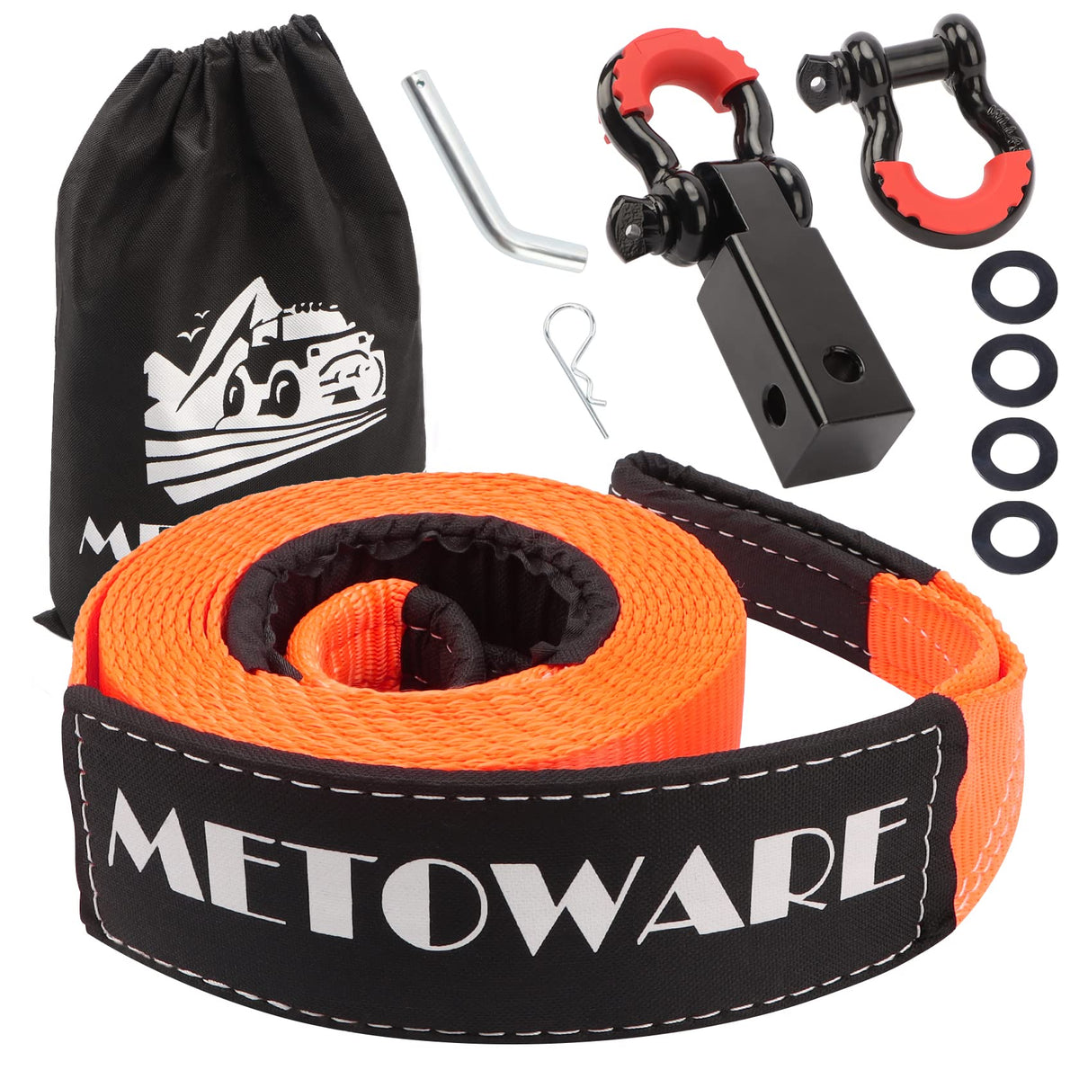 Metoware Heavy Duty Tow Strap Recovery Kit - 3'' X 20Ft(35,000Lbs) Tree Saver Winch Strap + 3/4'' D Ring Shackles(2Pcs) +2''Shac