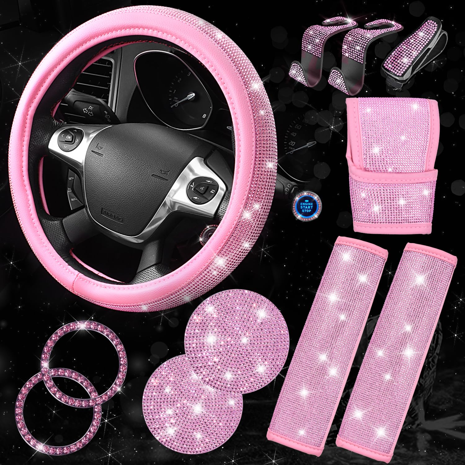Car Pass 11 Pcs Bling Car Accessories Set For Women, Sparkly Rhinestone Diamond Steering Wheel Cover, Bling Seat Belt Cushion, S