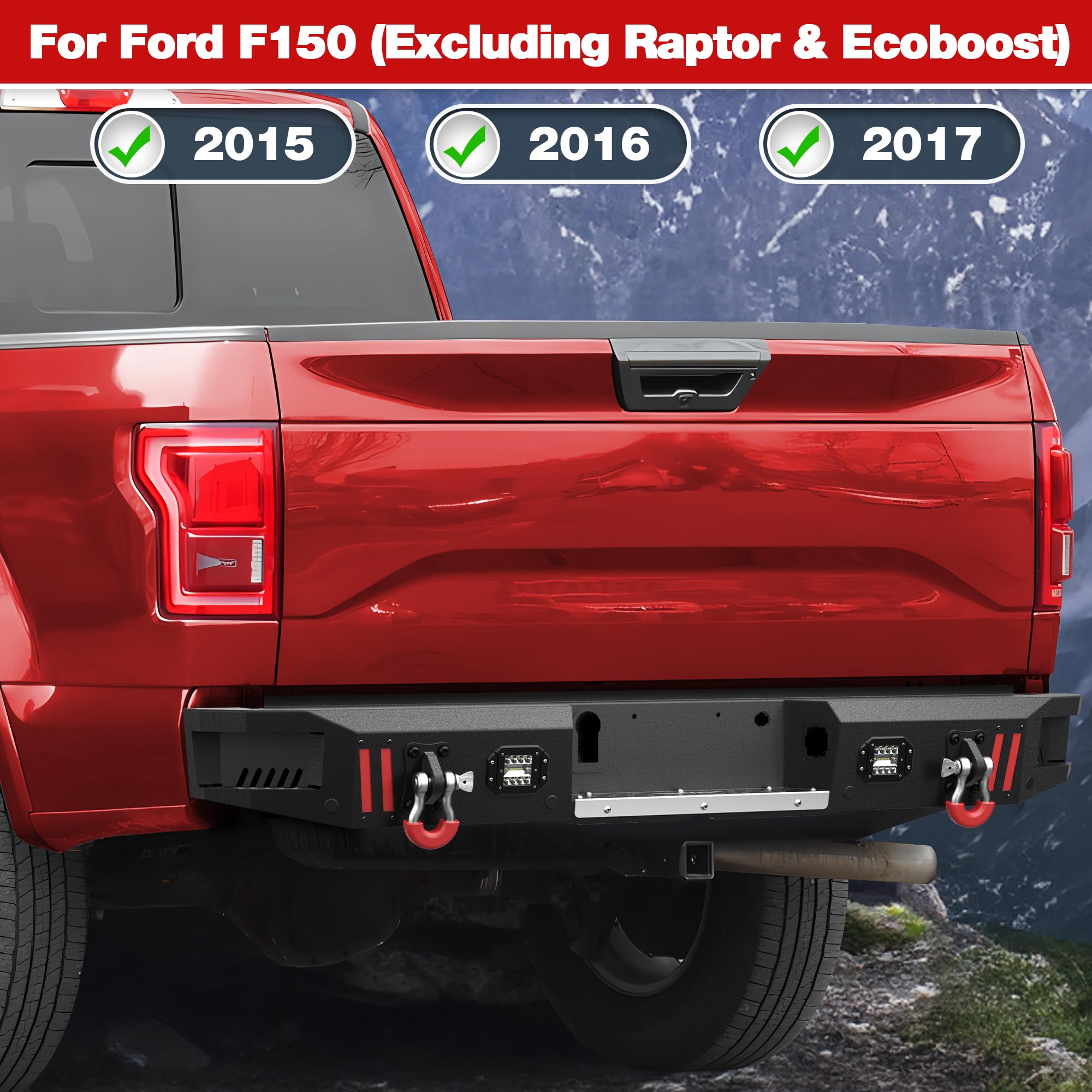 Longsun Front & Rear Bumpers Fit 2015-2017 Ford F150, Full Width Front Bumper & Rear Bumper Combo For F-150 (Excluding Raptor & Ecoboost) Off Road Pickup Truck, With Winch Plate, D-Rings, Led Lights