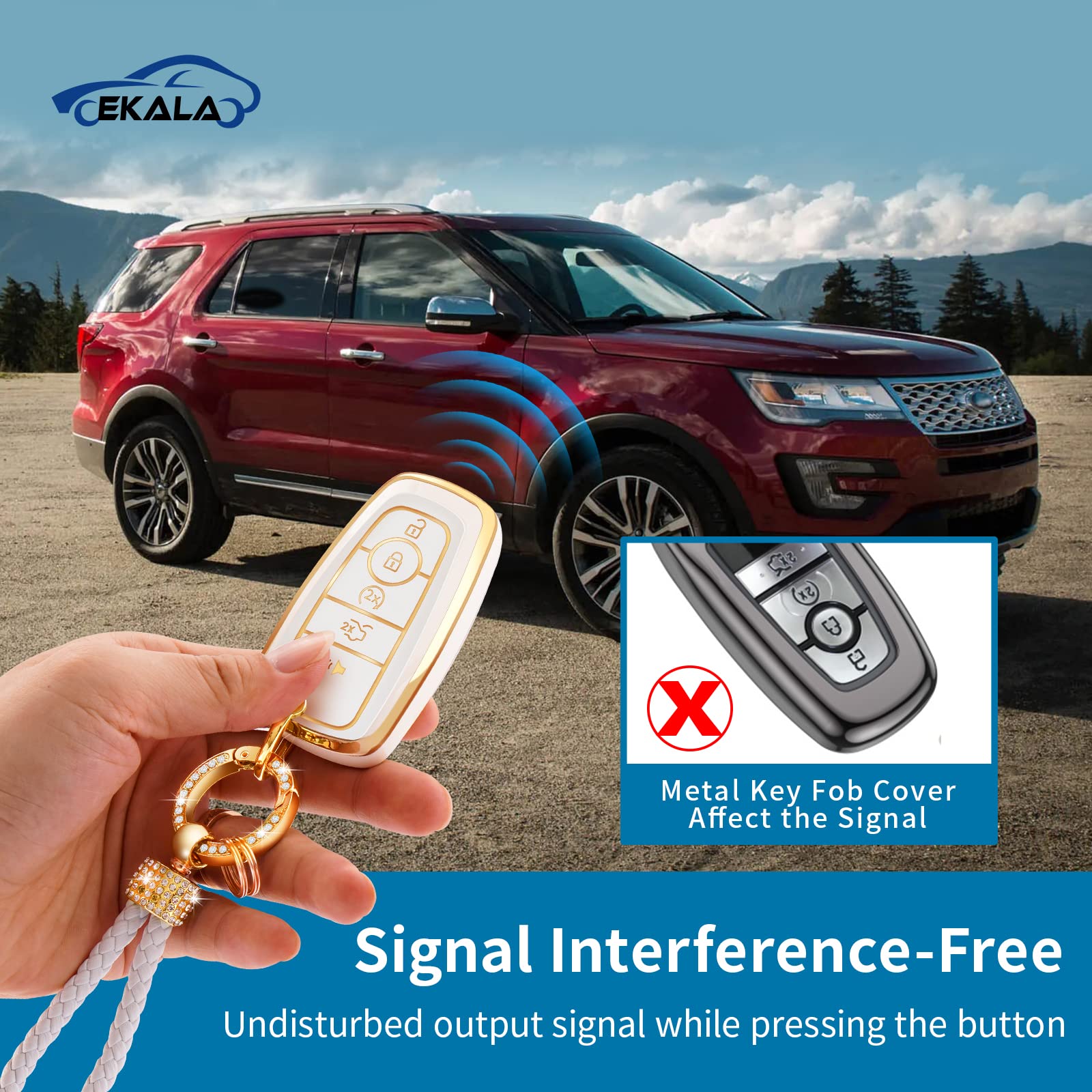 Ekala For Ford Key Fob Cover With Keychain Lanyard, 5 Buttons Soft Tpu Keys Shells Girly White Key Fob Cover Compatible With Ford Explorer Fusion Mustang F150 Edge Escape Expedition Lincoln(Frd-5)