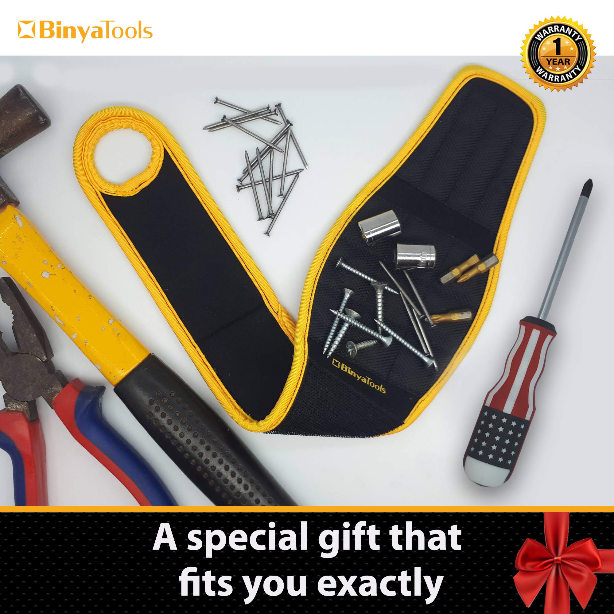 Binyatools Magnetic Wristband -Black- With Super Strong Magnets Holds Screws, Nails, Drill Bit Unique Wrist Support Design Cool