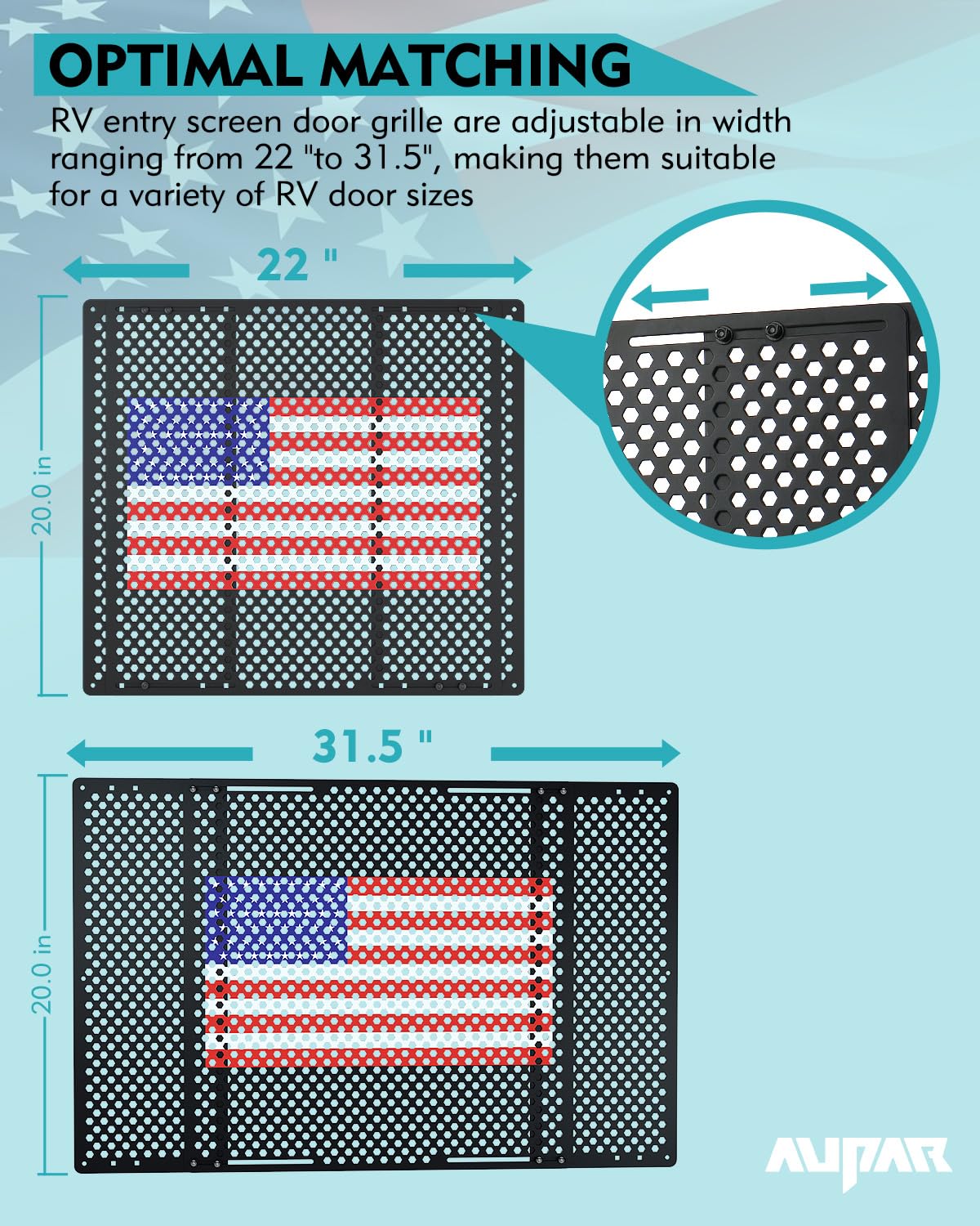 Aupar Aluminum Alloy RV Entry Screen Door Grille Adjusts from 22- 31.5, Adjustable RV Door Screen Protector, Flag
