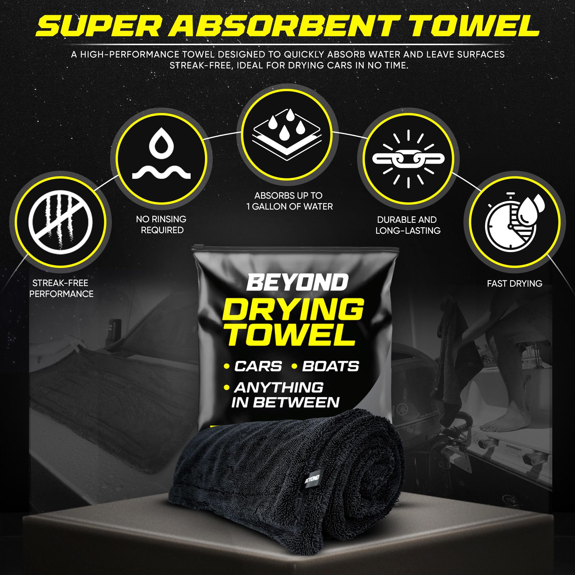 Beyond Braid Super Absorbent Microfiber Towel - 24x36 Black, Twisted Loop Technology, Scratch & Streak Free, Ideal for Cars & Boats