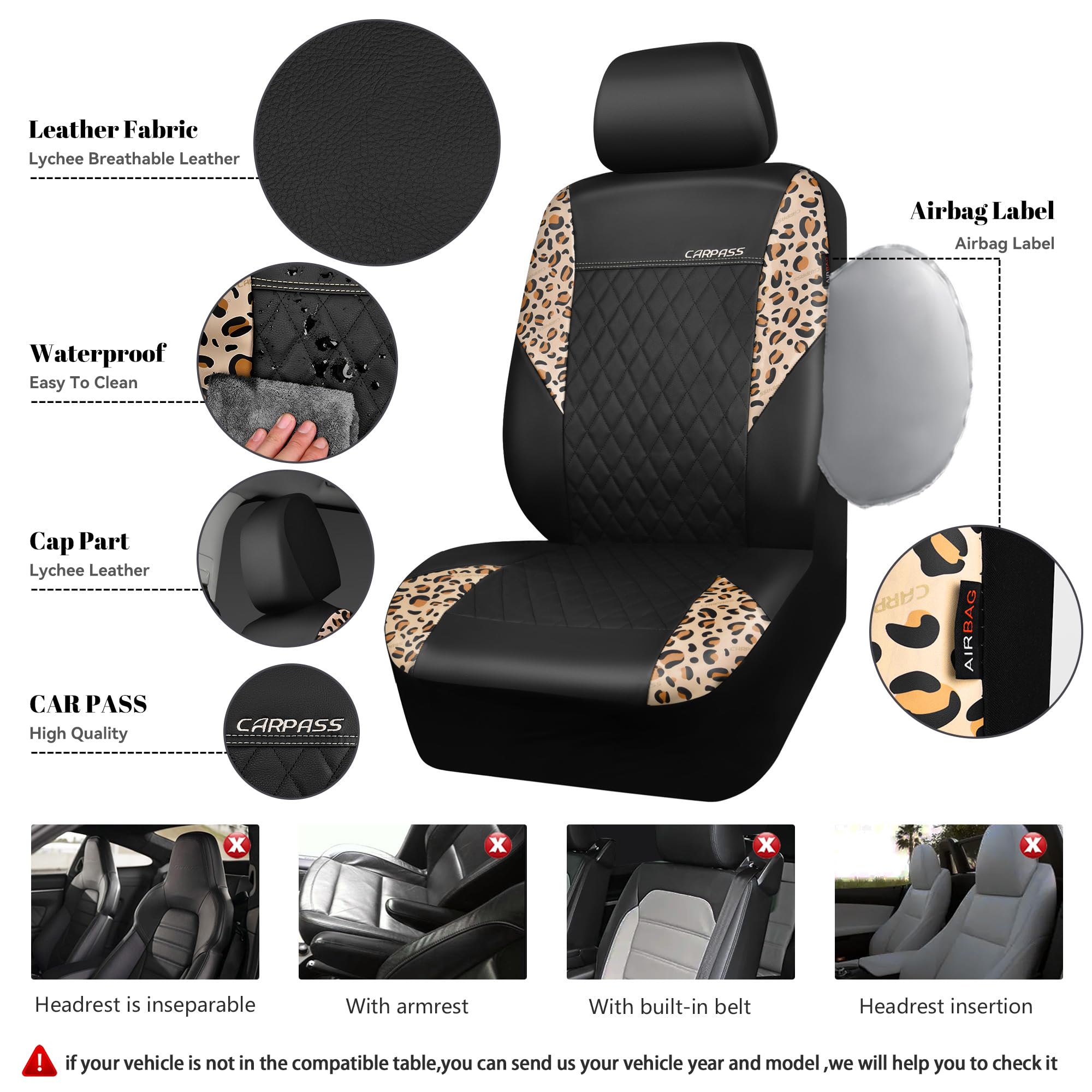 Car Pass Leopard Print Faux Leather Car Seat Covers & Leopard Car Mats&Leopard Steering Wheel Cover Seat Belt Pad Universal Car