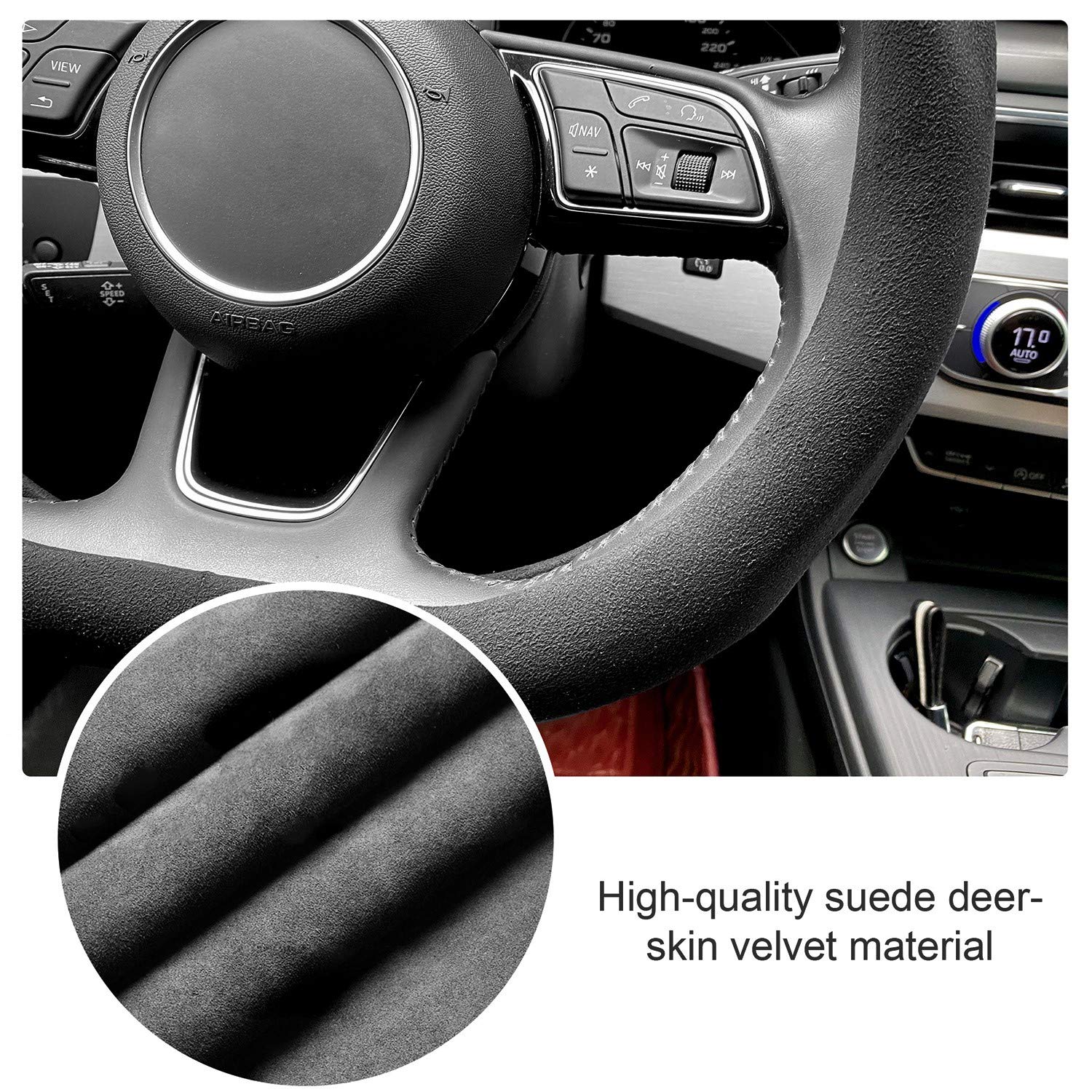 Carodi Car Suede Steering Wheel Cover Car Non-Slip Leather Car Interior Fitting 15-Inch Universal(D-Shape,Black Red Label)