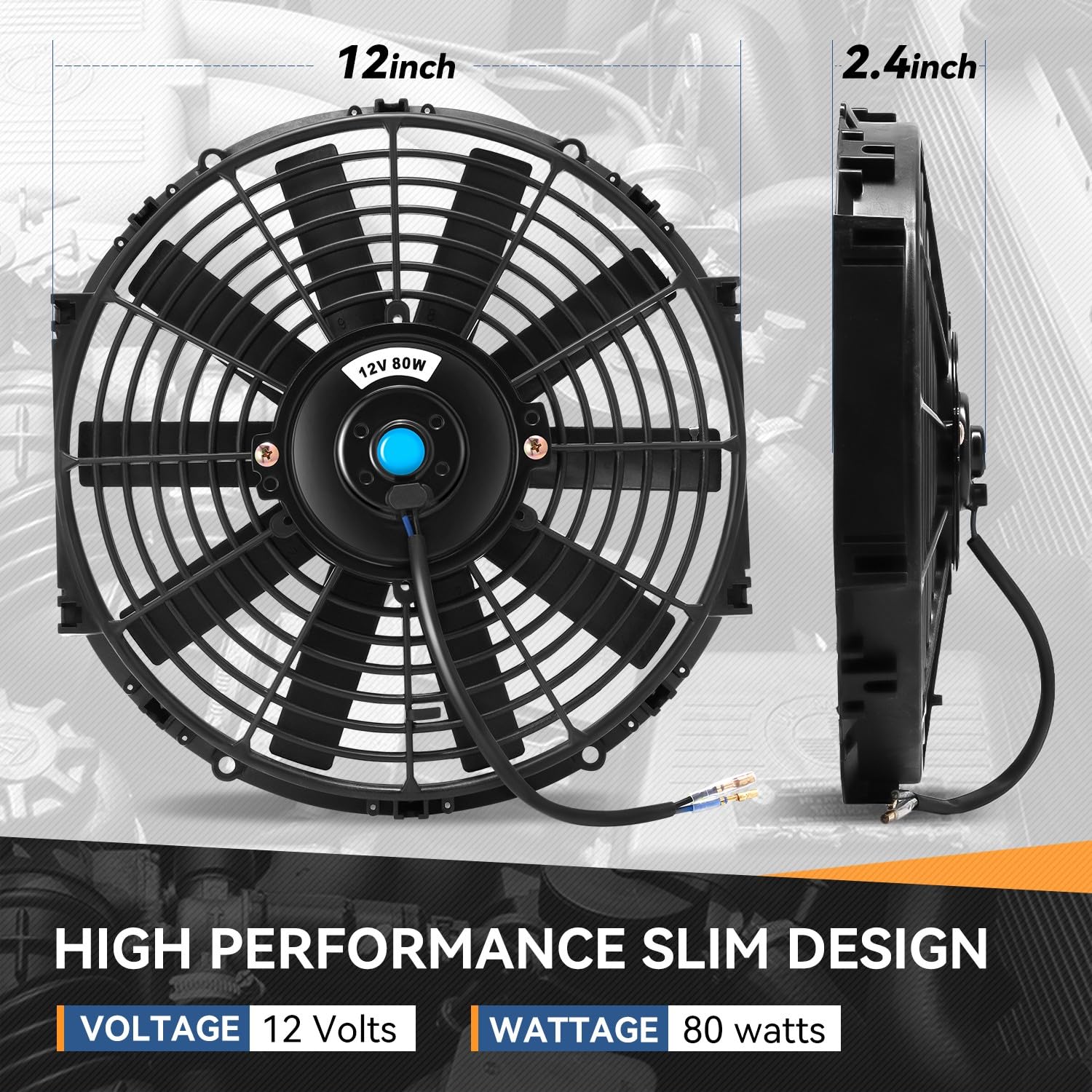 Auto Dynasty Universal 12 Inches High Performance Electric Slim Radiator Cooling Fan With Mounting Kit, (Pack Of 2) 12V, Black