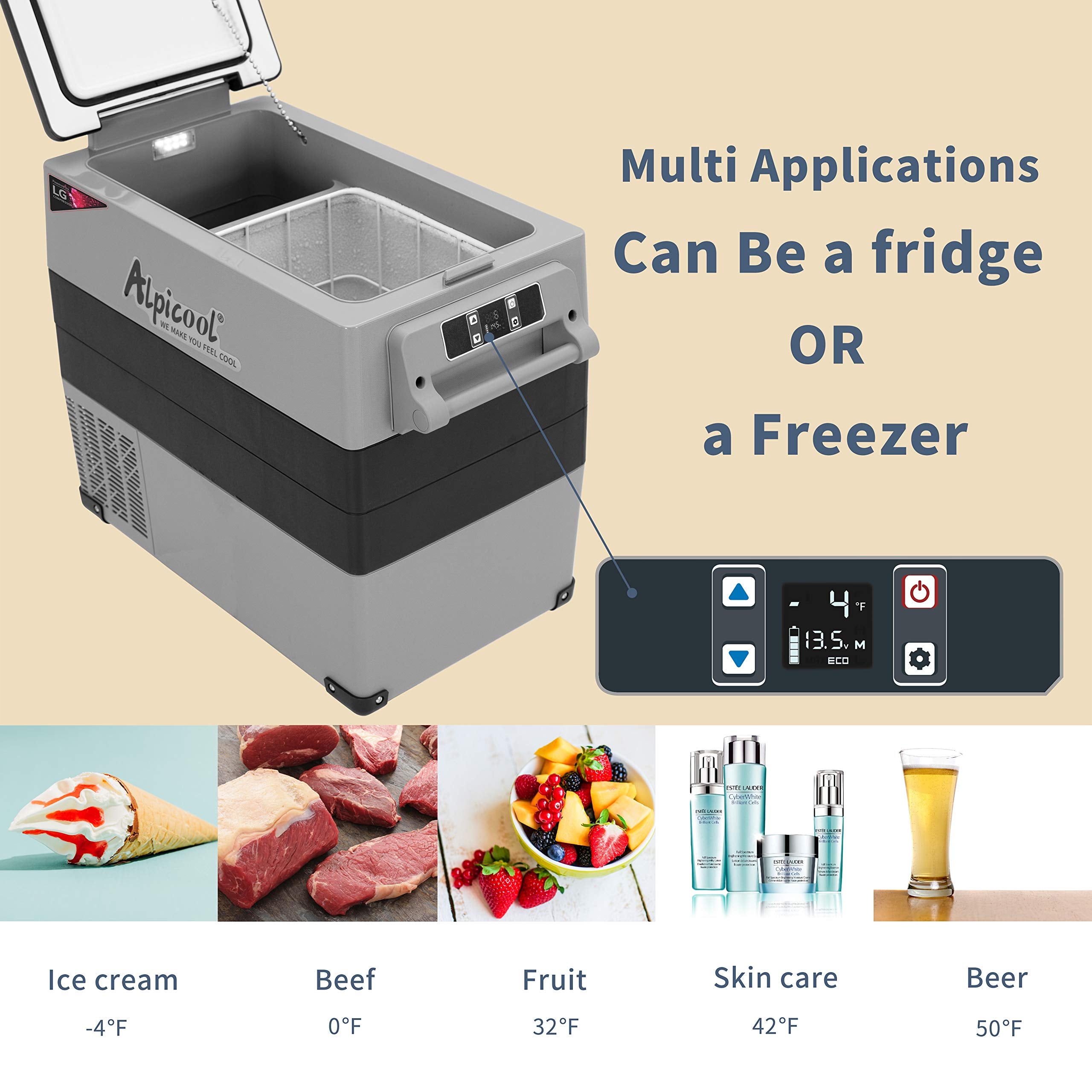 Alpicool LGCF55 Portable Refrigerator, 52 Qt Car Freezer, Grey, -4℉ to 68℉, Ideal for Truck, RV, Outdoor Travel, 12/24