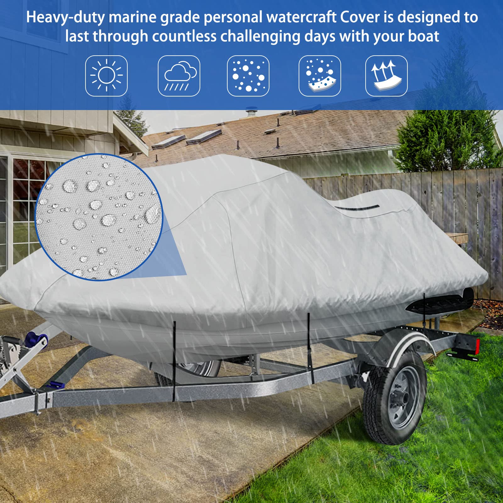Icover Personal Watercraft Cover- Waterproof Heavy Duty Trailerable Jet Ski Cover For Seadoo Kawasaki Yamaha Wave Runner, Fits P