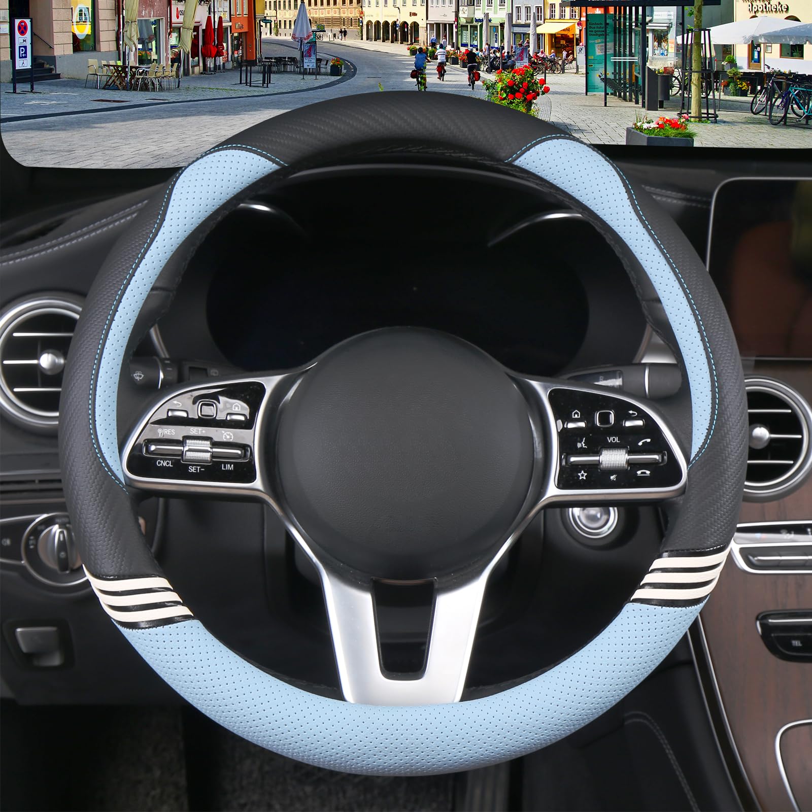 Binsheo Cute Steering Wheel Cover For Women Men Leather Universal 15 Inch,Black And Blue
