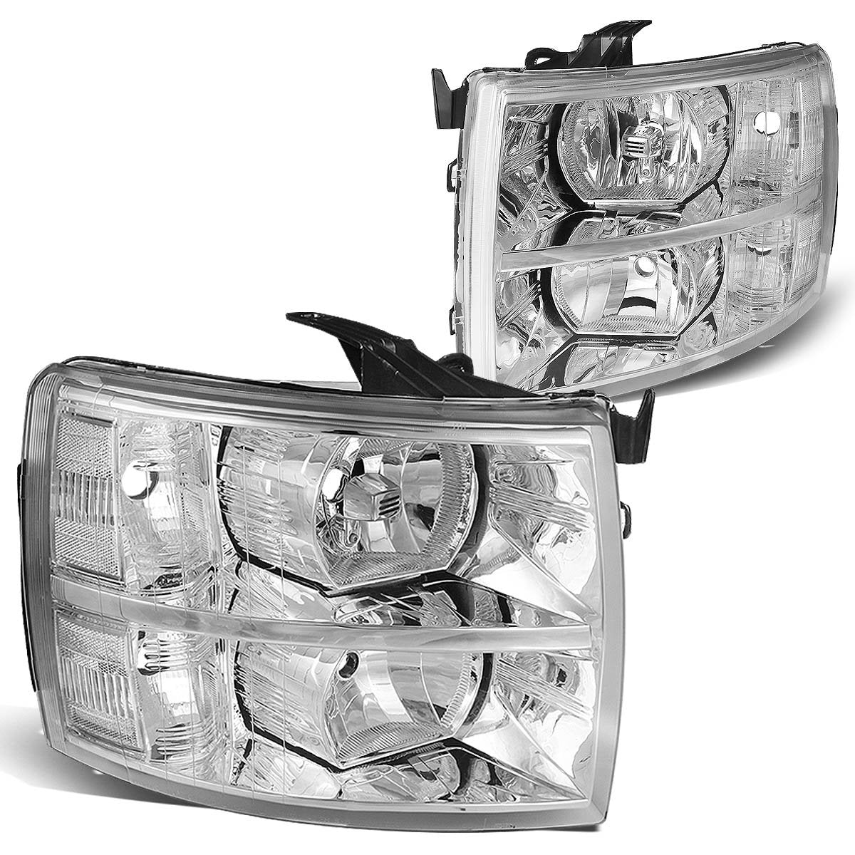 Dna Motoring Hl-Oh-Csil07-Ch-Cl1 Pair Of Chrome Housing Headlights Compatible With 07-13 Silverado 1500/07-14 Silverado 2500 Hd
