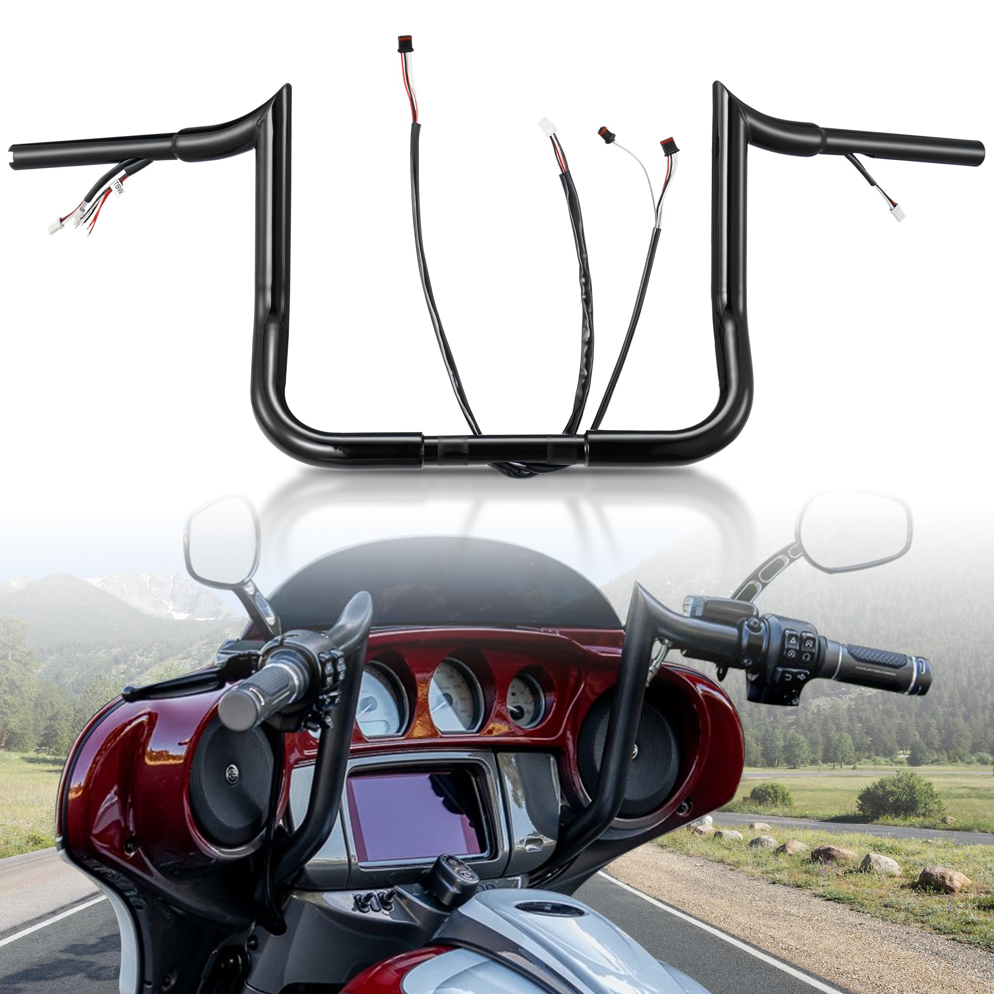 TIGERSGATE Black PRE-WIRED 12 Meathook Monkey Bar 1 1/4 Ape Hangers Handlebars for Harley Miter Cut 2016-2023 Street Glide/E