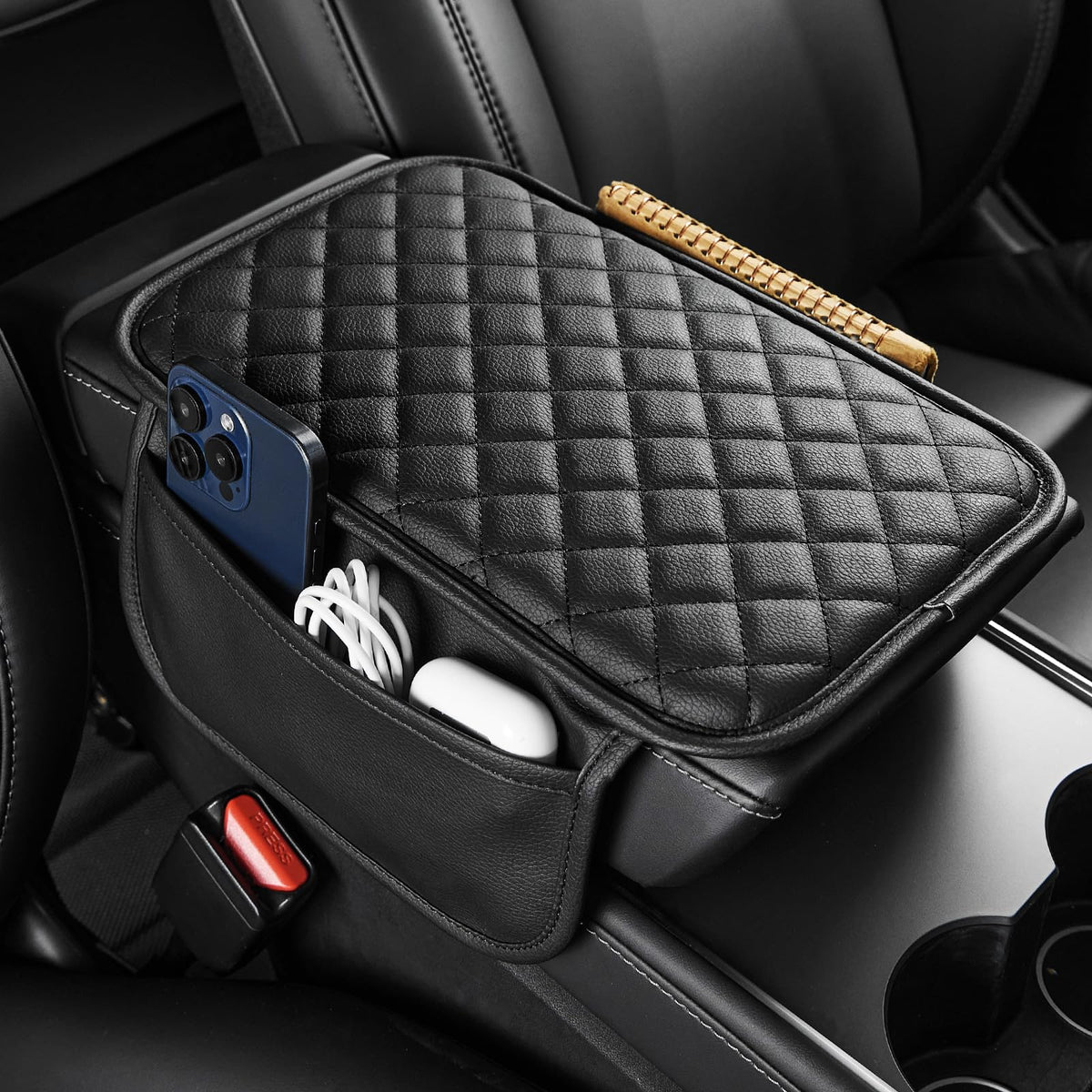 JOYTUTUS Center Console Cover with Storage Bag for SUV Sedan Car, Thin Middle Console Cover Arm Rest Pad, Leather 12.6'' x 7.75'