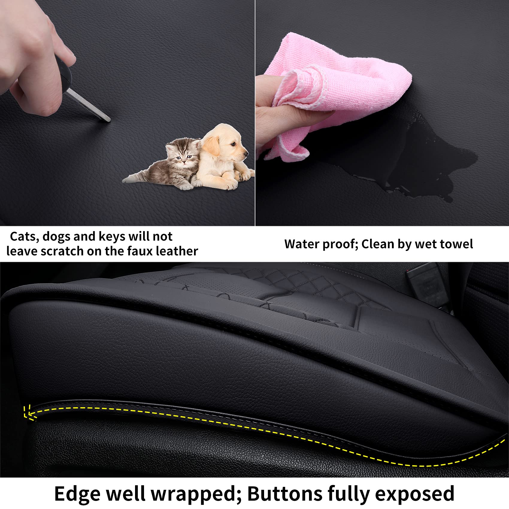 Luckyman Club D04-S2-3 Silverado Seat Covers, Fit For 2007-2013 Chevy Silverado Gmc Sierra 1500 2007-2014 2500/3500 Hd Crew Cab With Water Proof Faux Leather(Full Set, Black)