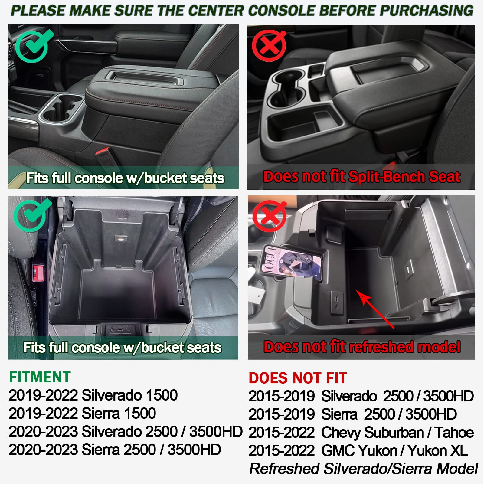 TOPINSTALL Full-Size Center Console Tray for 2019-2022 Chevy Silverado/GMC Sierra, Black Plastic Armrest Organizer