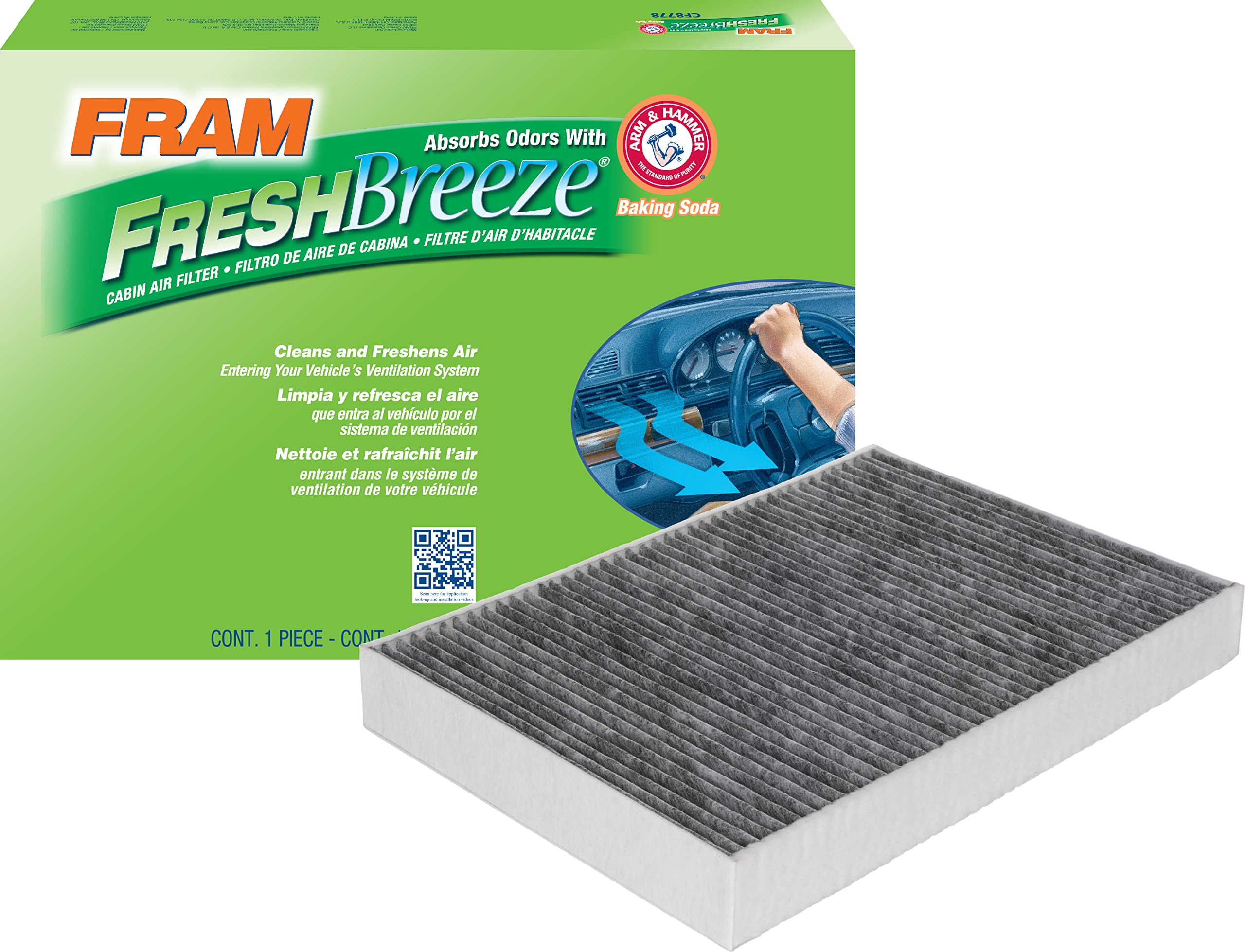 Fram Fresh Breeze Cabin Air Filter Replacement For Car Passenger Compartment W/ Arm And Hammer Baking Soda, Easy Install, Cf1215