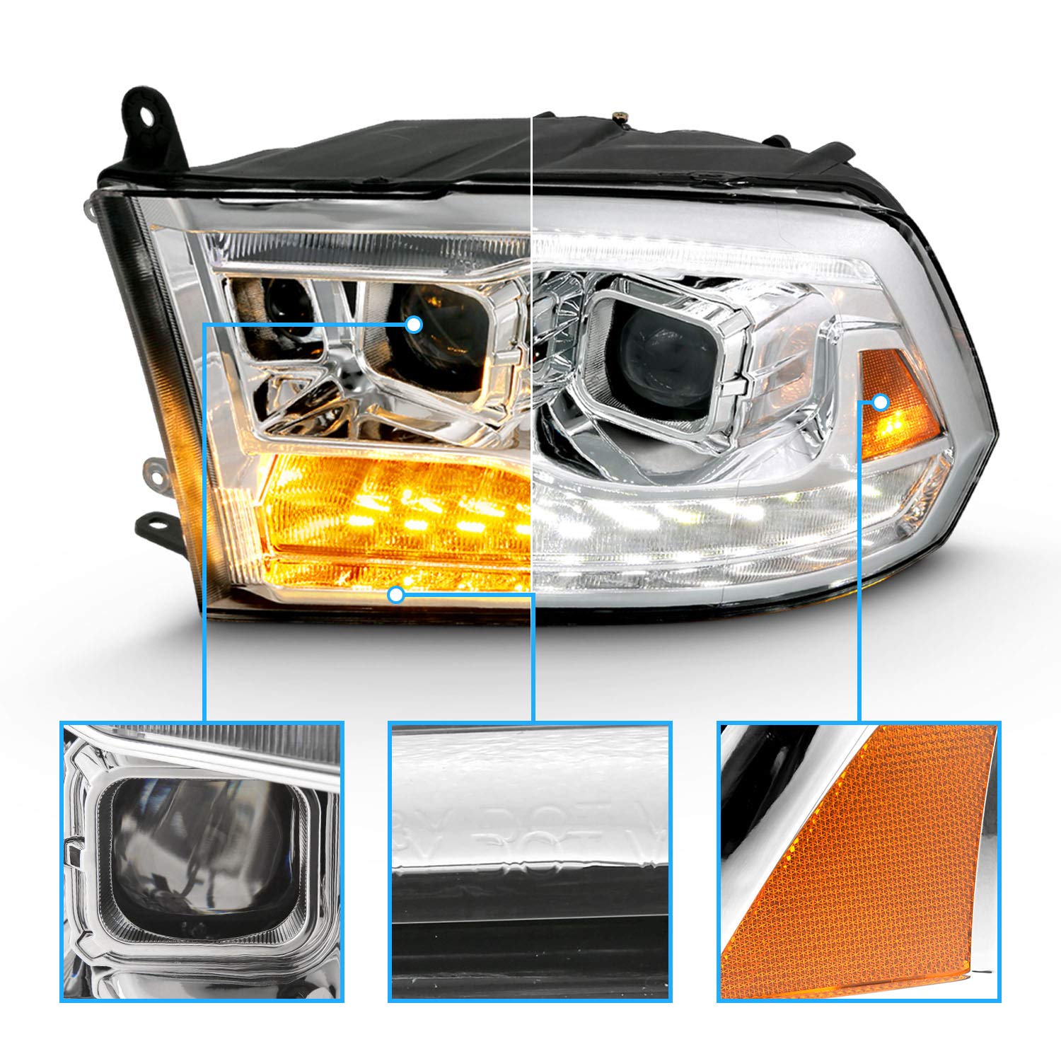 Amerilite For 2009-2018 Dodge Ram Pickup [Quad/Projector Model] Dual Square Projector Switchback Led Tube Chrome Headlights Asse