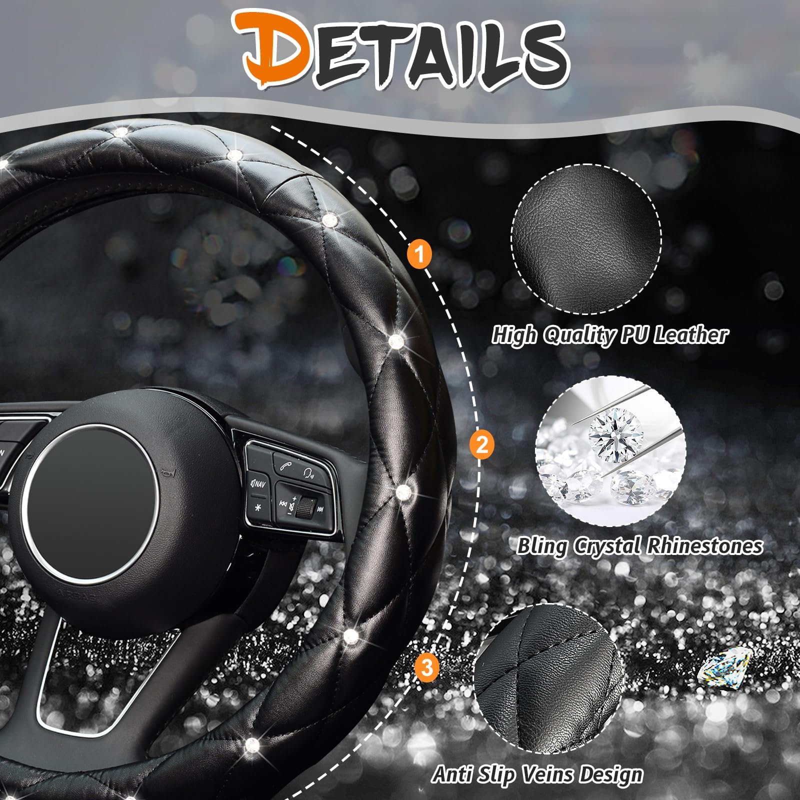 Kafeek Diamond Soft Leather Steering Wheel Cover With Bling Bling Crystal Rhinestones, Universal 15 Inch Anti-Slip, Car Interior