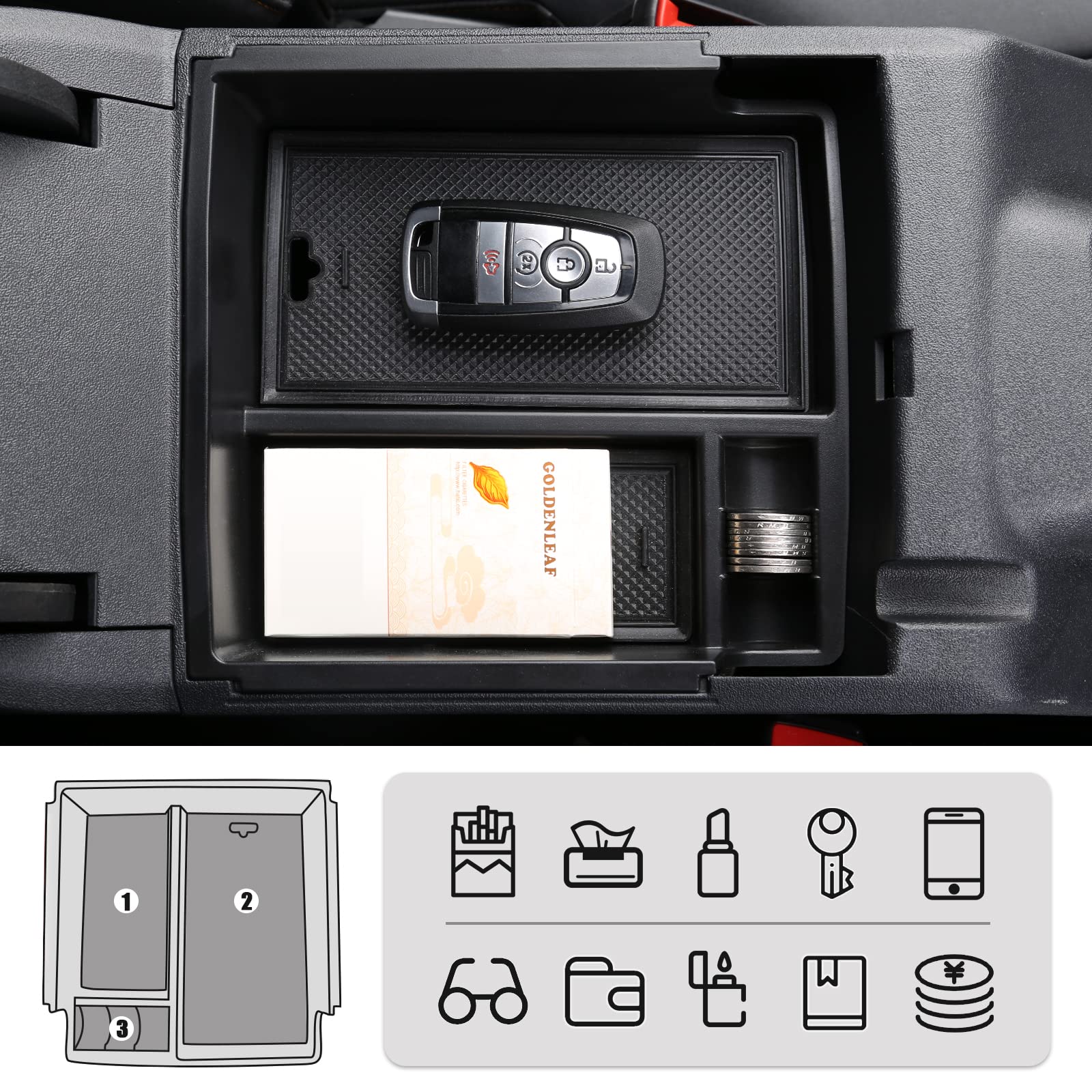 Mabett Center Console Organizer Tray for Ford Bronco 2021-2024, Rubber Armrest Storage Insert with Non-Slip Mat, Upper Tray